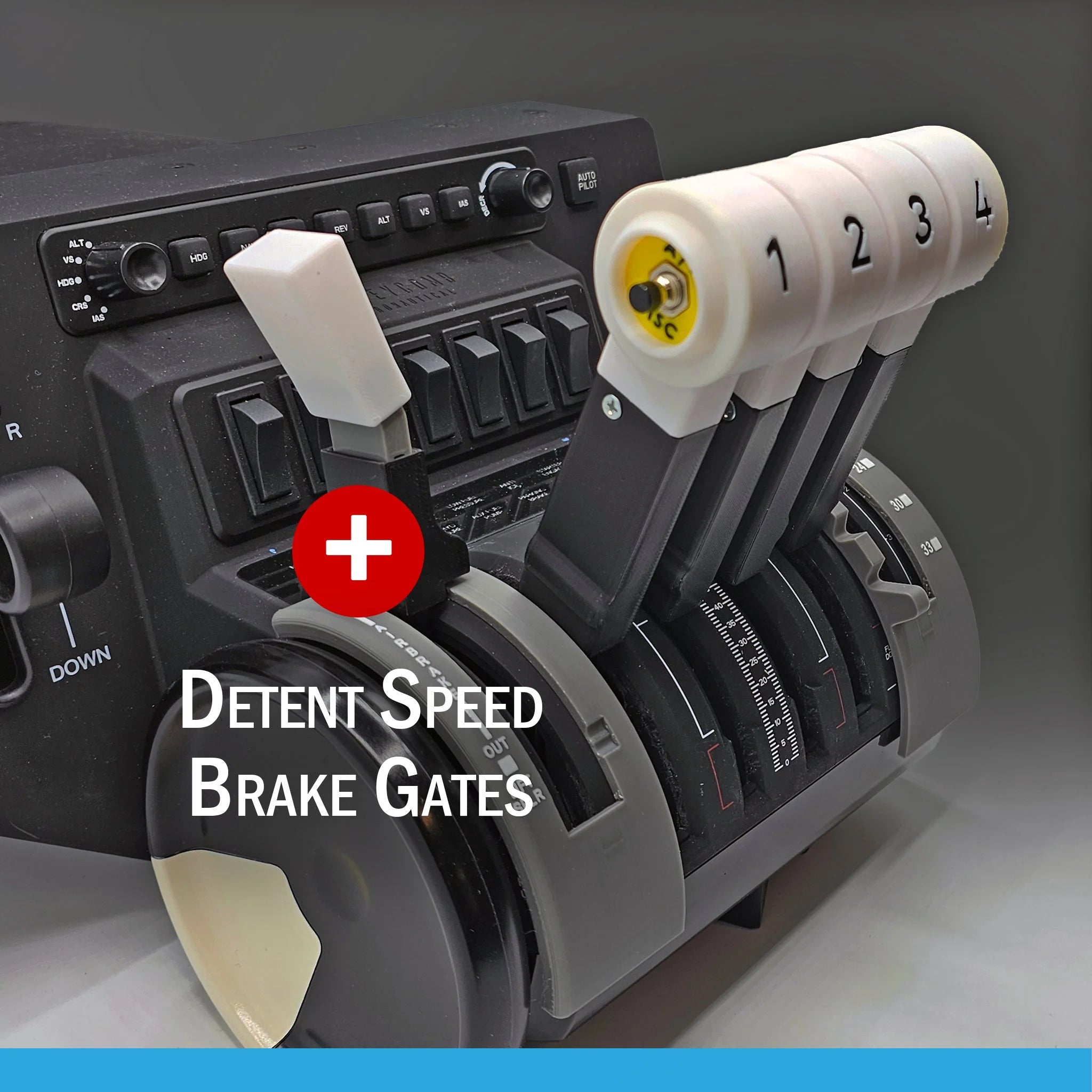 A close-up of the throttle quadrant highlights the Prodesksim NEW! BAE-146/Avro RJ Advanced Throttle Pack for Honeycomb Bravo flight simulator, featuring four authentic throttle levers, numbered and labeled detent speed brake gates, and a white speed brake lever. The cockpit-style setup includes various buttons and dials in the background, similar to a BAE 146 configuration, complete with 2 AT DICS and 2 TOGA buttons.