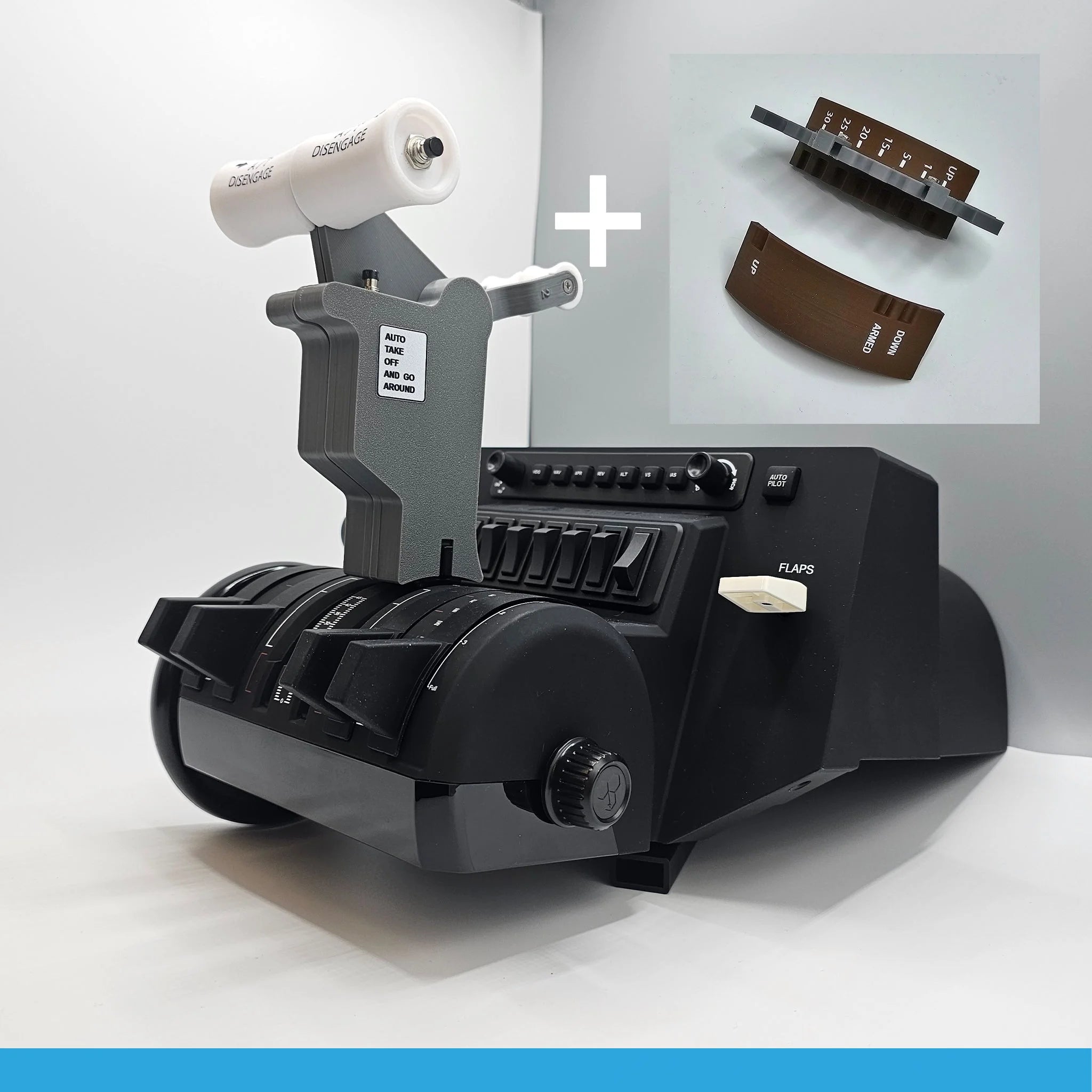 Experience a professional-grade enhancement to your flight simulation with the ProDeskSim Boeing 737 Advanced Full Package Addon/Modification for the Honeycomb Bravo throttle quadrant. This package, by Prodesksim, features various levers and switches, along with a smaller image depicting two brown replacement throttle levers specifically designed as a Boeing 737 addon.