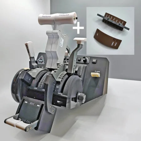 Image showcasing the NEW! ProDeskSim Boeing 737 Advanced Full Package Addon/Modification for the Honeycomb Bravo throttle quadrant by Prodesksim, featuring multiple levers and a digital display. An inset highlights additional components, enhancing any flight simulation experience with a setup that resembles Boeing 737 controls.