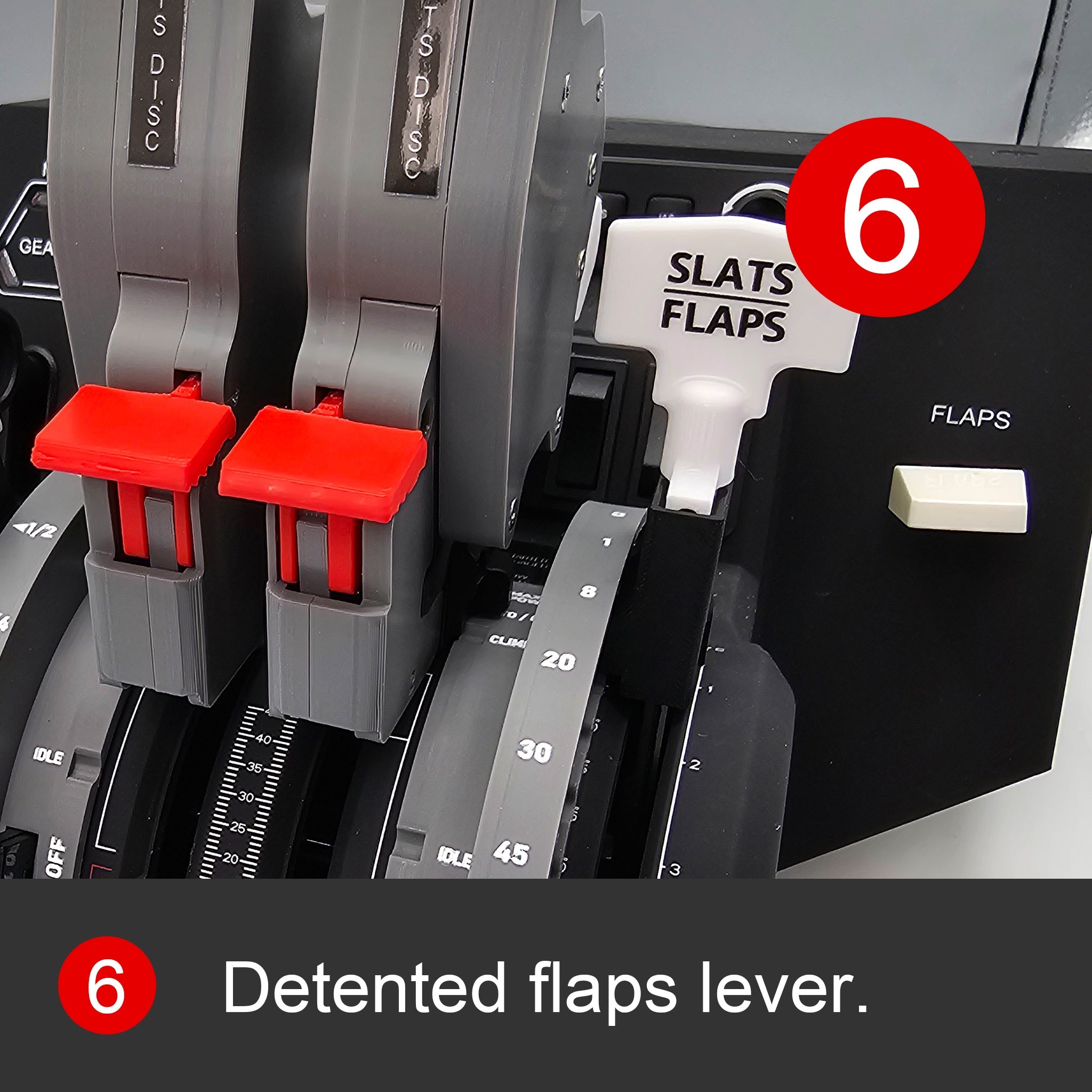 Close-up of the Prodesksim NEW Bombardier CRJ 500-1000 addon/mod package for the Honeycomb Bravo throttle quadrant, ideal for flight simulation enthusiasts. The image features two throttle levers with red tops, accompanied by a white "Slats Flaps" lever and a button labeled "Flaps," mimicking the Bombardier CRJ Series design. The number 6 is prominently highlighted in red circles above and below the image.