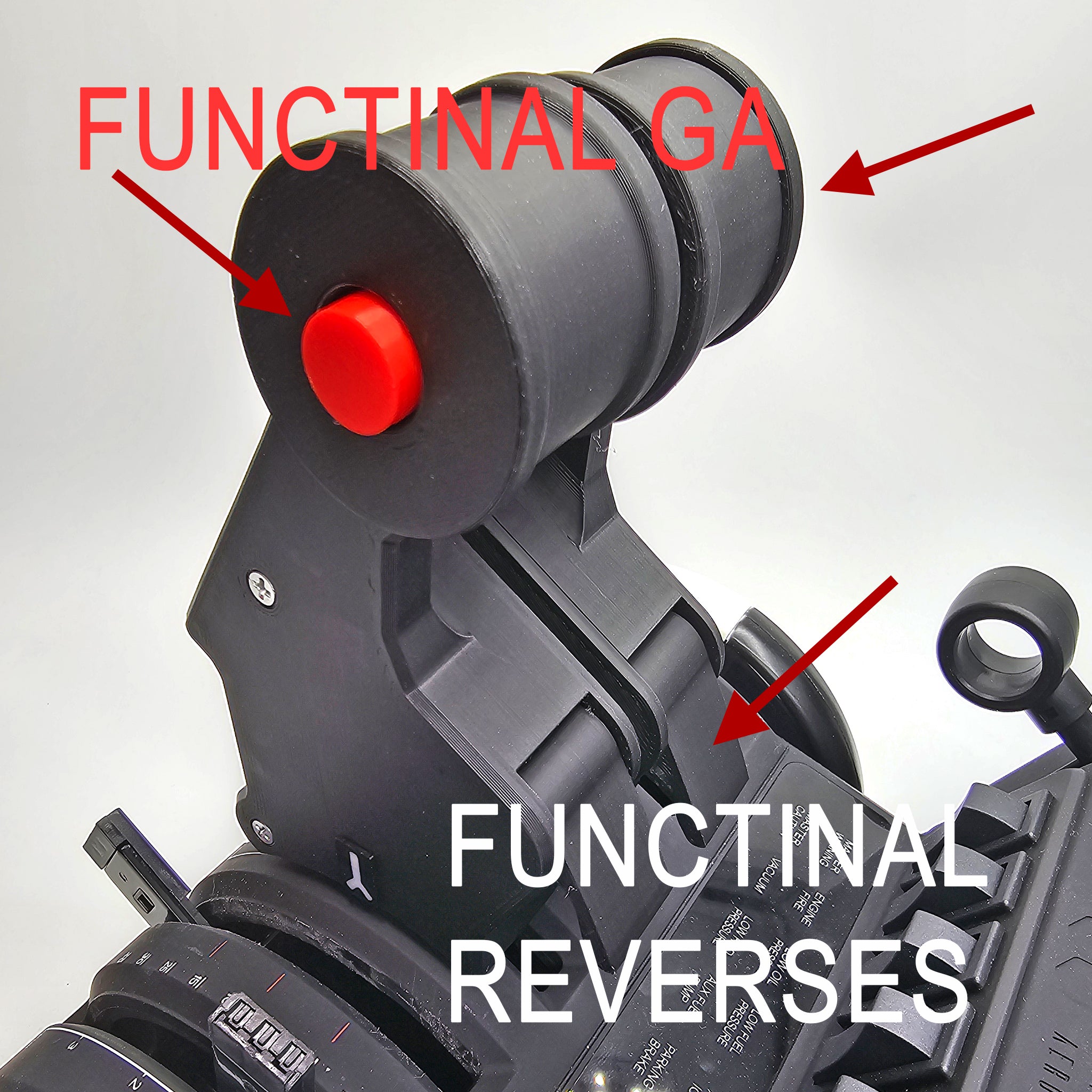 Close-up of a sophisticated black mechanical device with labeled parts, resembling the ProDeskSim Airbus A319-A321 Advanced addon/mod package for the Honeycomb Bravo throttle quadrant. Red arrows point to components with text "FUNCTIONAL GA" and "FUNCTIONAL REVERSES." A red button is visible, surrounded by cylindrical sections in a technical setup, ideal for enhancing flight simulation experiences.