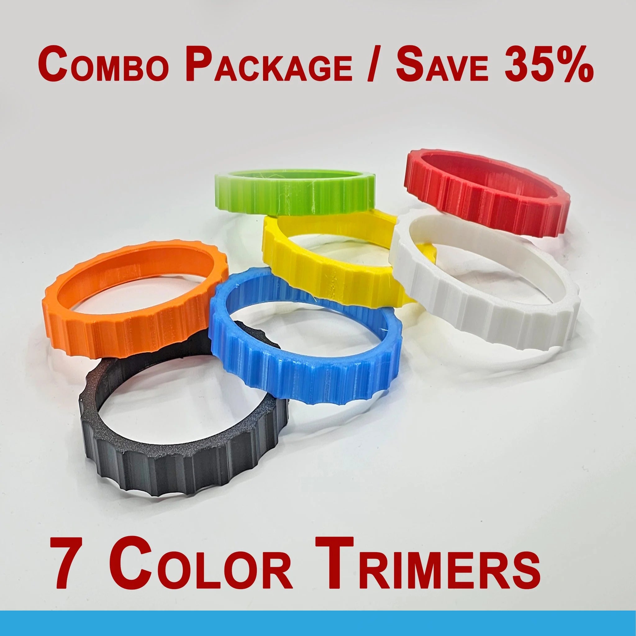 A promotional image from Prodesksim displays a circular arrangement of seven vibrant and flexible trim wheel covers, designed for the Honeycomb Bravo Throttle Quadrant. The text highlights the "Combo Package" offering a 35% discount and showcasing seven color options for this essential flight simulation accessory.