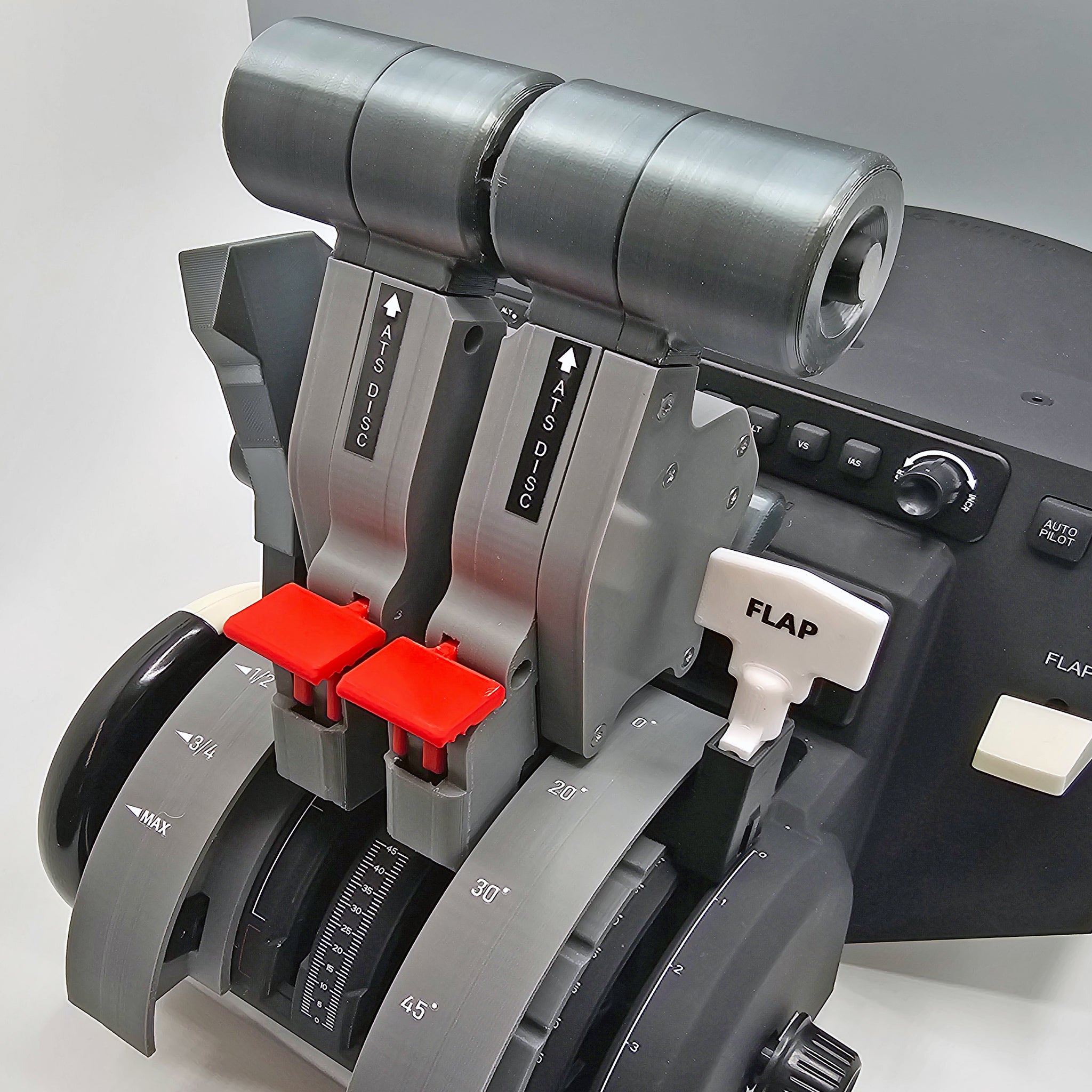 A detailed view of Prodesksim's new Challenger 6xx addon for the Honeycomb Bravo throttle quadrant, ideal for elevating your flight simulation experience. It includes two black levers with red handles labeled "DISC" and a white lever marked "FLAP," reflecting the sleek control design of the Challenger 6xx series.