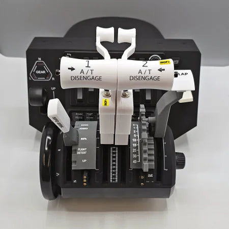 A detailed view of the ProDeskSim Boeing 737 Advanced Full Package Addon/Modification for the Honeycomb Bravo throttle quadrant highlights various levers and controls, featuring gear and flap levers along with clearly labeled autopilot disengage switches. Ideal for an immersive flight simulation experience, this device by Prodesksim is elegantly displayed on a simple surface.