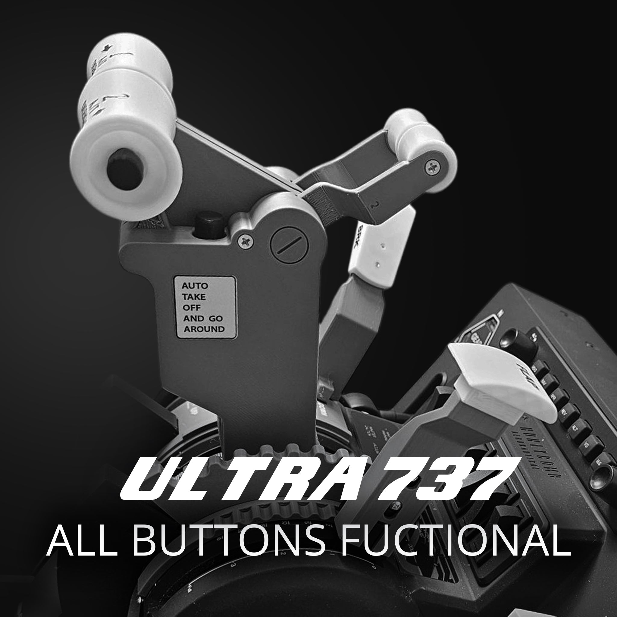 Close-up of a Prodesksim Standalone bundle product throttle quadrant, featuring labeled levers and switch on a dark background. Bold bottom text: "ULTRA 737 ALL BUTTONS FUNCTIONAL." Compatible with MSFS 2020/2024 Honeycomb Bravo addon.