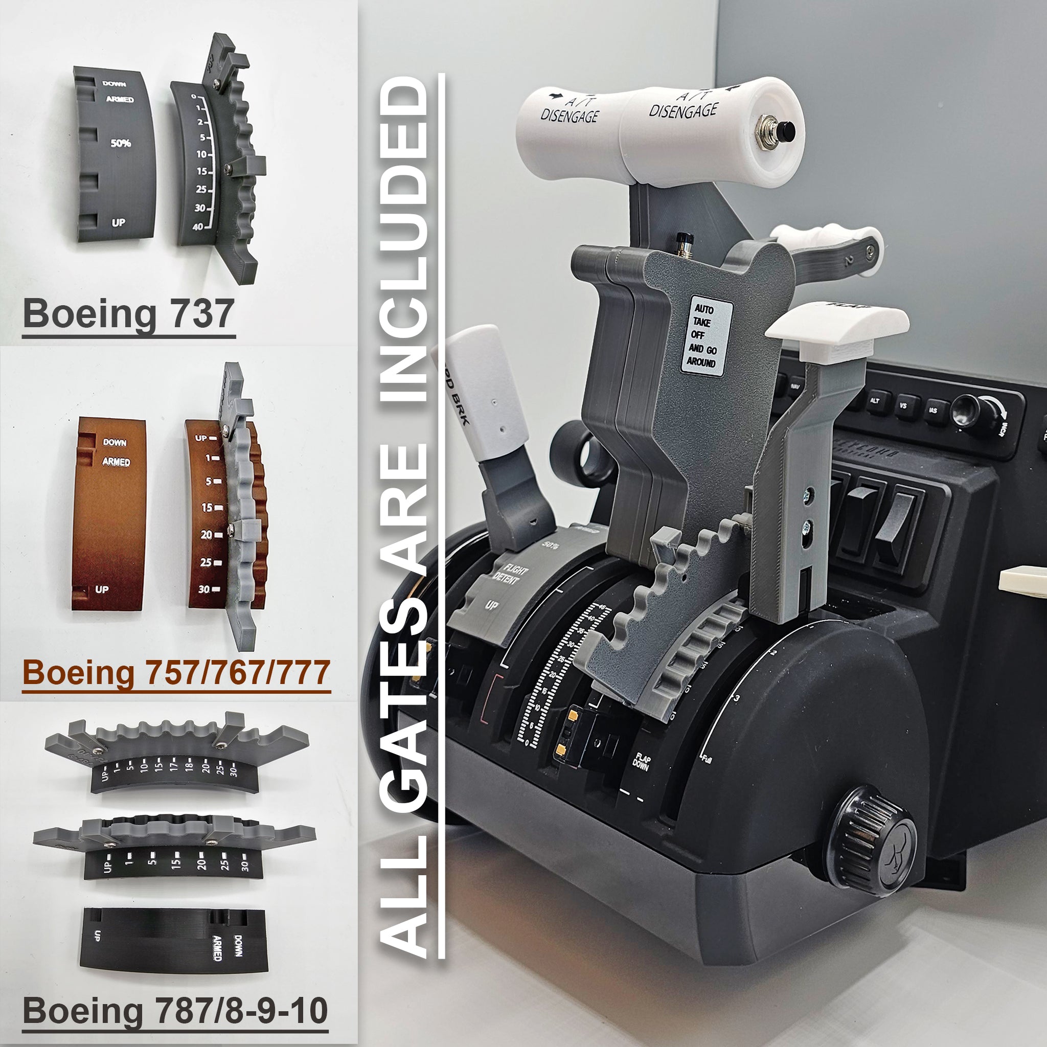 Here's a rewritten version using the provided product data:

An up-close view of the ProdeskSim Full Boeing Advanced Full Package, designed for use with the Honeycomb Bravo and flight simulators, highlights throttle levers and control switches. It is an ideal addition to your flight simulation setup. The left side displays comparisons of various throttle gates for Boeing models 737, 757/767/777, and 787/8-9-10, with the phrase "All Gates Are Included" appearing vertically.