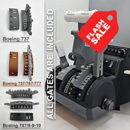 Here's a rewritten version using the provided product data:

An up-close view of the ProdeskSim Full Boeing Advanced Full Package, designed for use with the Honeycomb Bravo and flight simulators, highlights throttle levers and control switches. It is an ideal addition to your flight simulation setup. The left side displays comparisons of various throttle gates for Boeing models 737, 757/767/777, and 787/8-9-10, with the phrase "All Gates Are Included" appearing vertically.