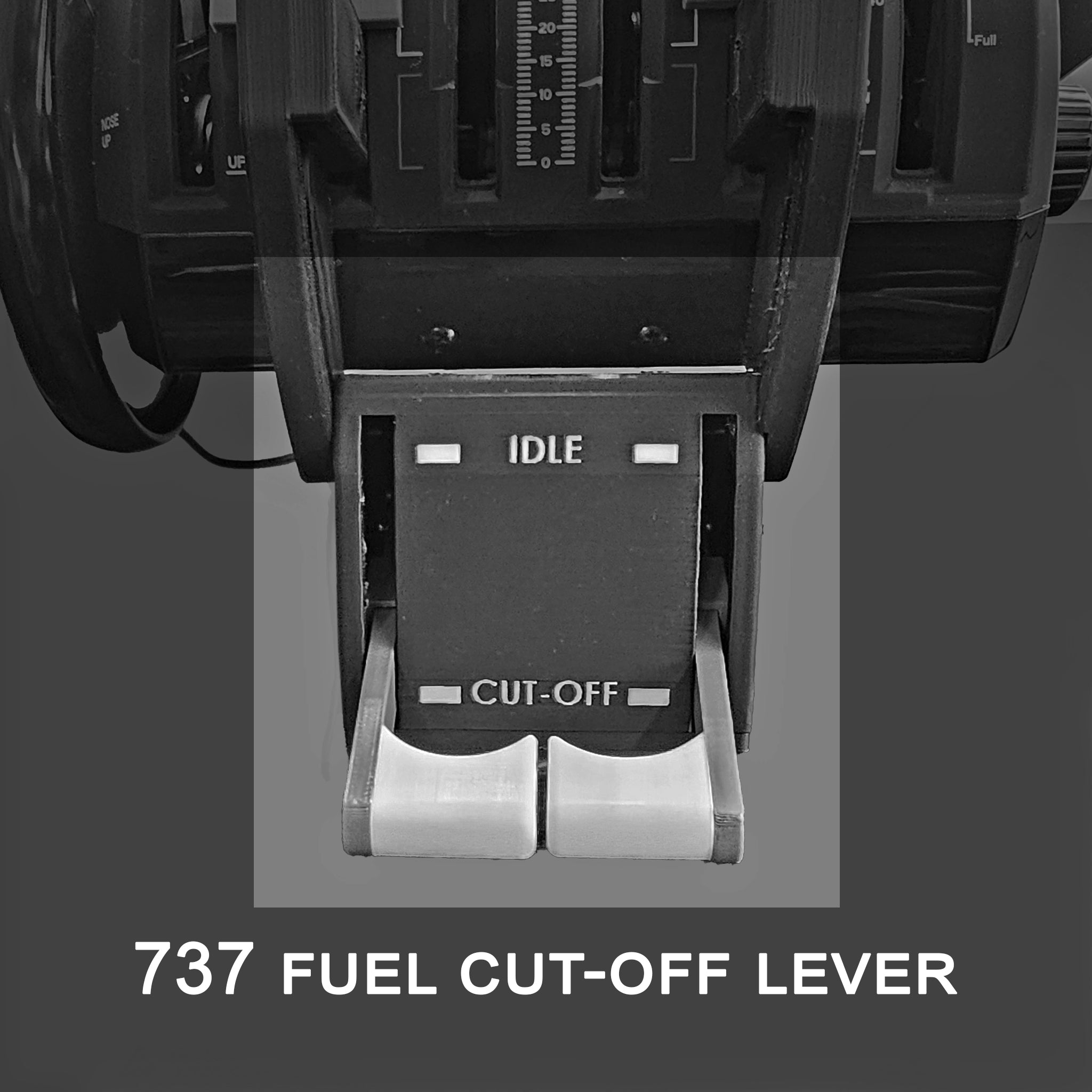 Close-up of a Boeing 737 throttle quadrant featuring Prodesksim's NEW! Boeing 737 Functional Fuel Cut-off levers for the Honeycomb Bravo. The "IDLE" and "CUT-OFF" positions illustrate various operational modes, with "737 FUEL CUT-OFF LEVER" clearly visible below to enhance your flight simulation experience.