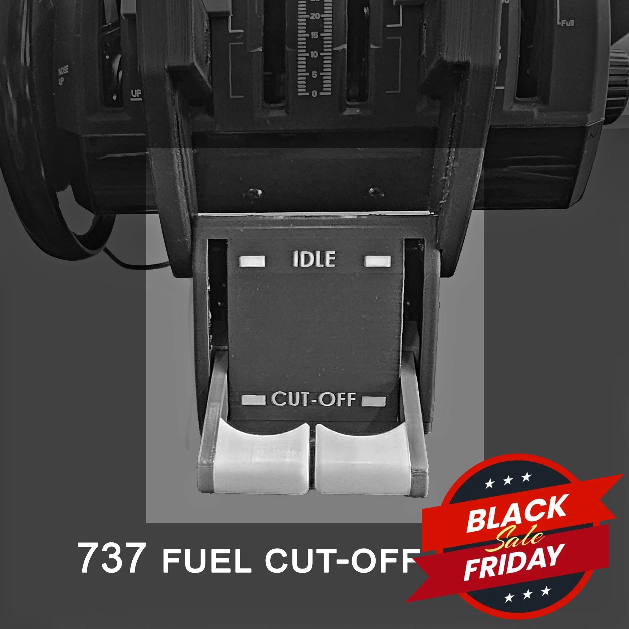 Close-up of a Boeing 737 throttle quadrant featuring Prodesksim's NEW! Boeing 737 Functional Fuel Cut-off levers for the Honeycomb Bravo. The "IDLE" and "CUT-OFF" positions illustrate various operational modes, with "737 FUEL CUT-OFF LEVER" clearly visible below to enhance your flight simulation experience.