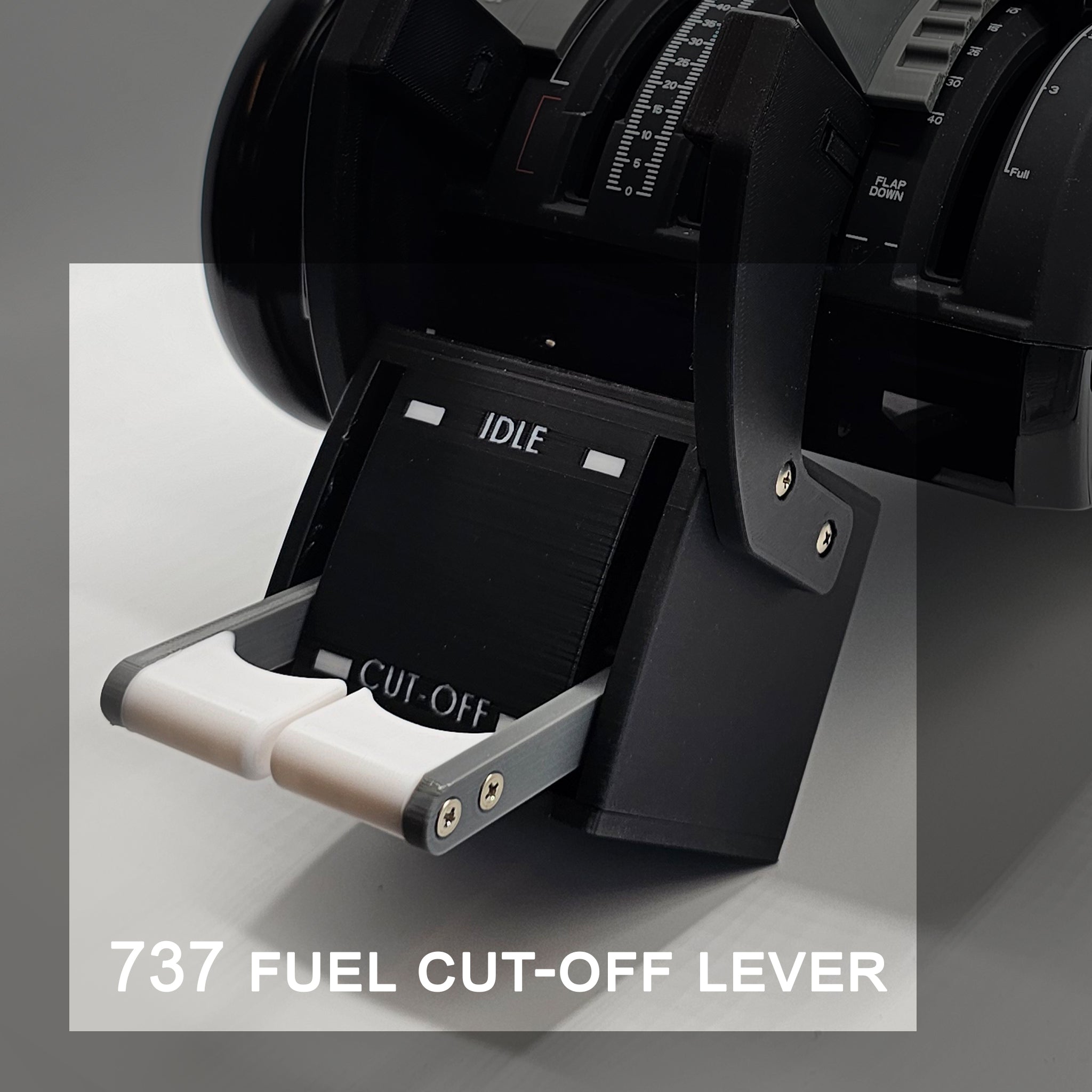 A close-up view showcases the Boeing 737 Functional Fuel Cut-off levers by Prodesksim, designed for the Honeycomb Bravo throttle quadrant—an essential component for any flight simulation experience. Two white levers are positioned on a sleek black panel, clearly marked with "IDLE" and "CUT-OFF" settings, while the product title "NEW! Boeing 737 Functional Fuel Cut-off levers for Honeycomb Bravo throttle quadrant" is prominently displayed at the bottom.