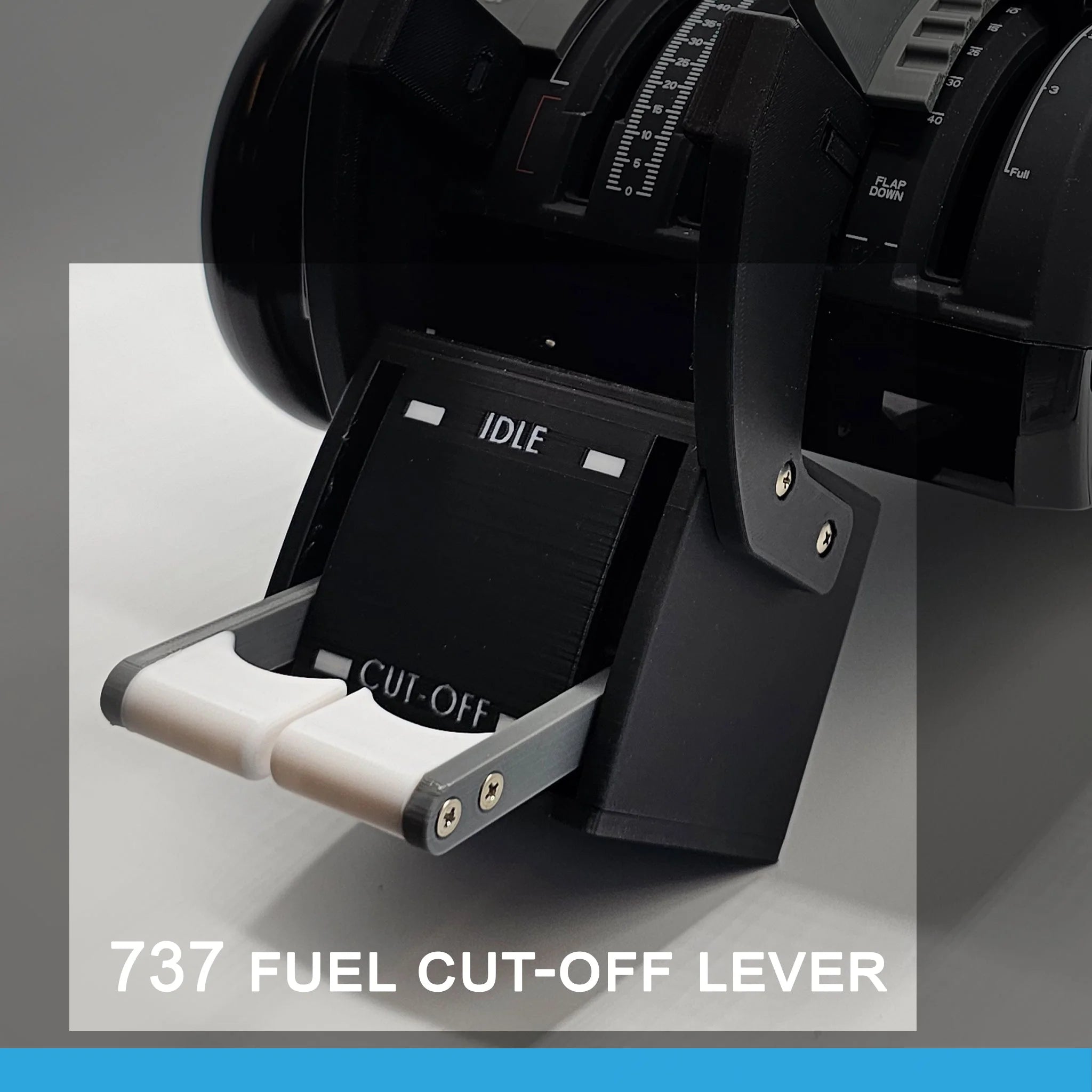 The NEW! ProDeskSim Boeing 737 Advanced Full Package Addon/Modification for the Honeycomb Bravo throttle quadrant offers a close-up view of a black fuel cut-off lever with white text marking the "IDLE" and "CUT-OFF" positions. The partially engaged lever features a box-like structure and two white handles, perfect for enhancing your Boeing 737 add-on with Prodesksim-realism in any flight simulation experience.