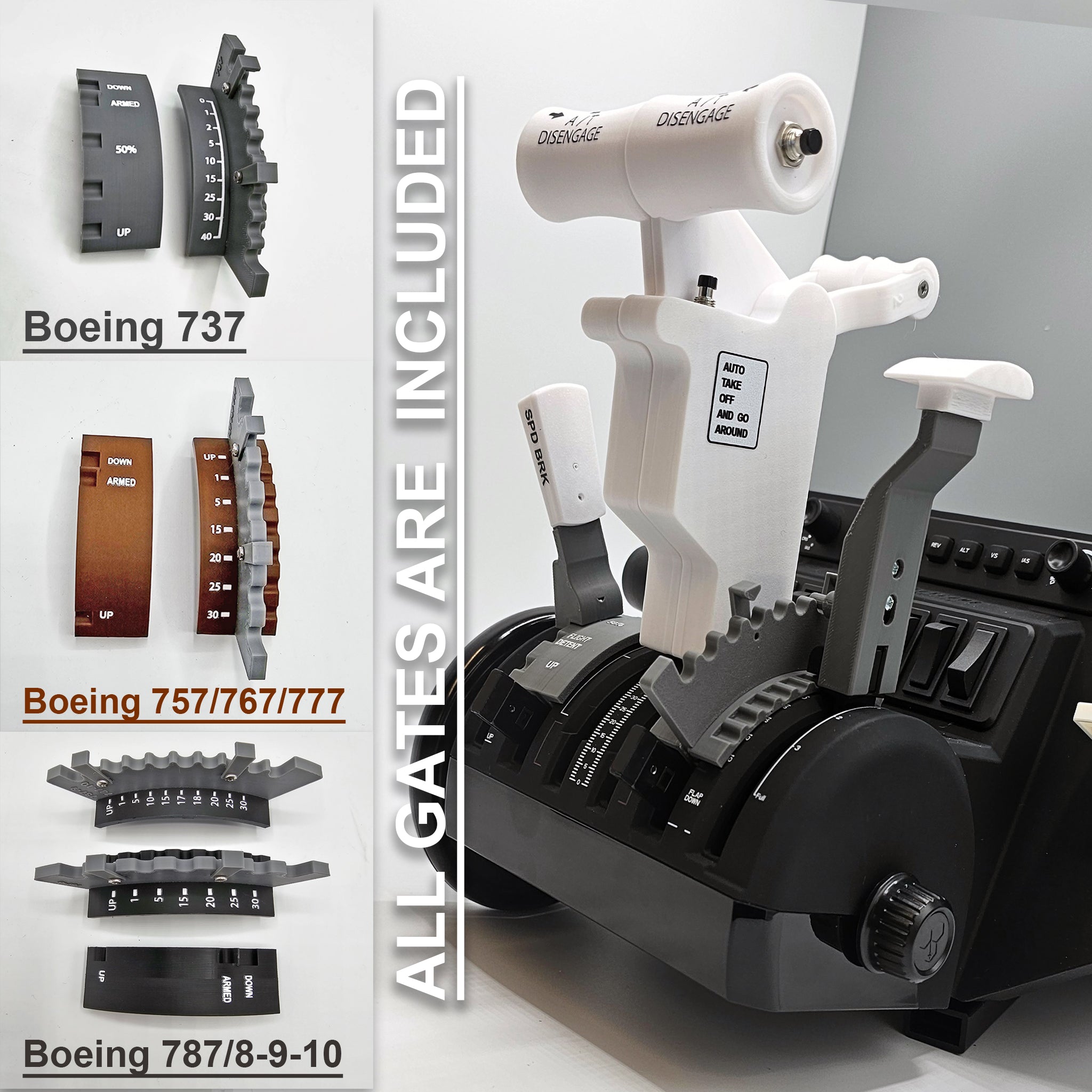 A close-up of the ProDeskSim Full Boeing Advanced Full Package, designed for the Honeycomb Bravo throttle quadrant and perfect for any flight simulation setup. This package includes interchangeable throttle gate panels tailored for Boeing 737, 757, 767, 777, and 787-8/9/10. The text reads "ALL GATES ARE INCLUDED," highlighting versatile gate configurations and throttle levers from Prodesksim.