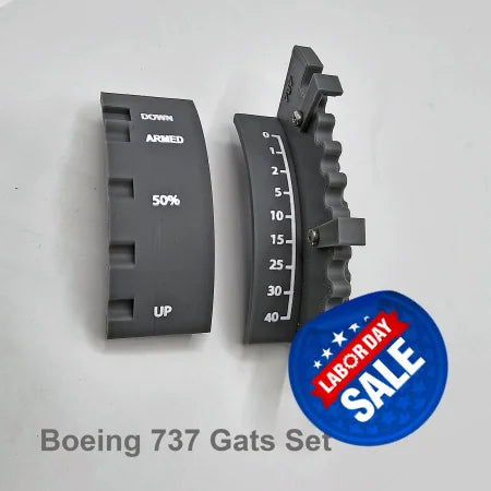 Two black curved components labeled "DOWN," "ARMED," and "UP," featuring a percentage indicator and a scale from 0-40, rest on a flat surface. Text below reads, "Boeing 737 Gats Set." The ProDeskSim Advanced dual action gates and speed brake detent track from Prodesksim is designed to illustrate the flaps systems crucial for simulating flight dynamics.