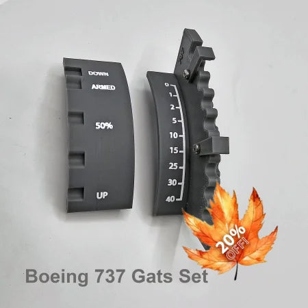 Two black curved components labeled "DOWN," "ARMED," and "UP," featuring a percentage indicator and a scale from 0-40, rest on a flat surface. Text below reads, "Boeing 737 Gats Set." The ProDeskSim Advanced dual action gates and speed brake detent track from Prodesksim is designed to illustrate the flaps systems crucial for simulating flight dynamics.
