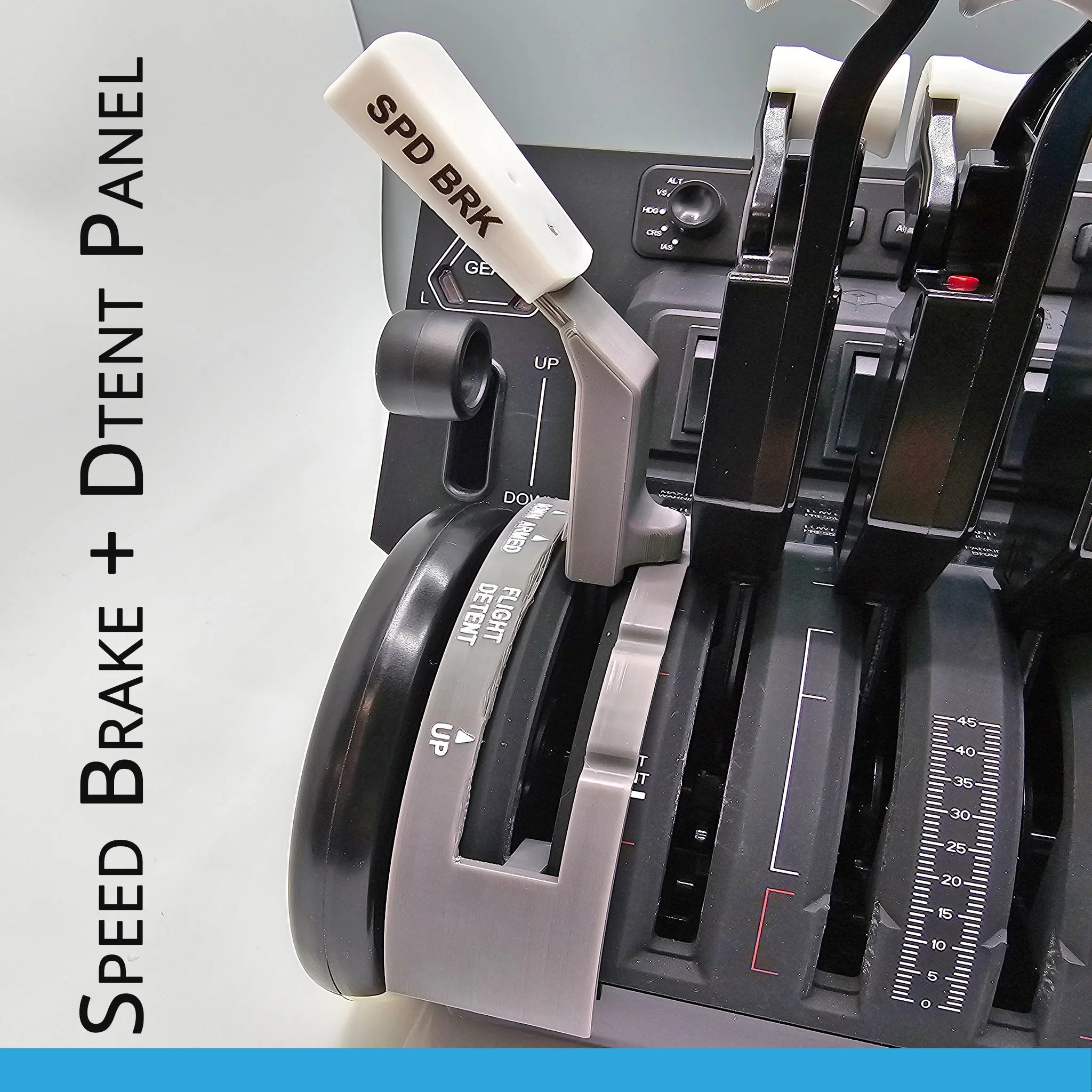 A close-up of the Prodesksim Boeing 747 Throttle Quadrant addons for the Honeycomb Bravo Throttle Quadrant features a speed brake lever labeled "SPD BRK." The panel includes positions for "UP" and "DN," with the visible letter "RNT" as well. On the left, it reads "Speed Brake + Detent Panel," highlighting its potential for flight simulation use.