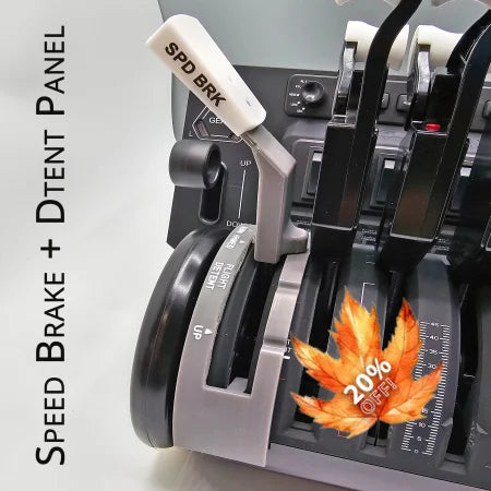 A close-up of the Prodesksim Boeing 747 Throttle Quadrant addons for the Honeycomb Bravo Throttle Quadrant features a speed brake lever labeled "SPD BRK." The panel includes positions for "UP" and "DN," with the visible letter "RNT" as well. On the left, it reads "Speed Brake + Detent Panel," highlighting its potential for flight simulation use.