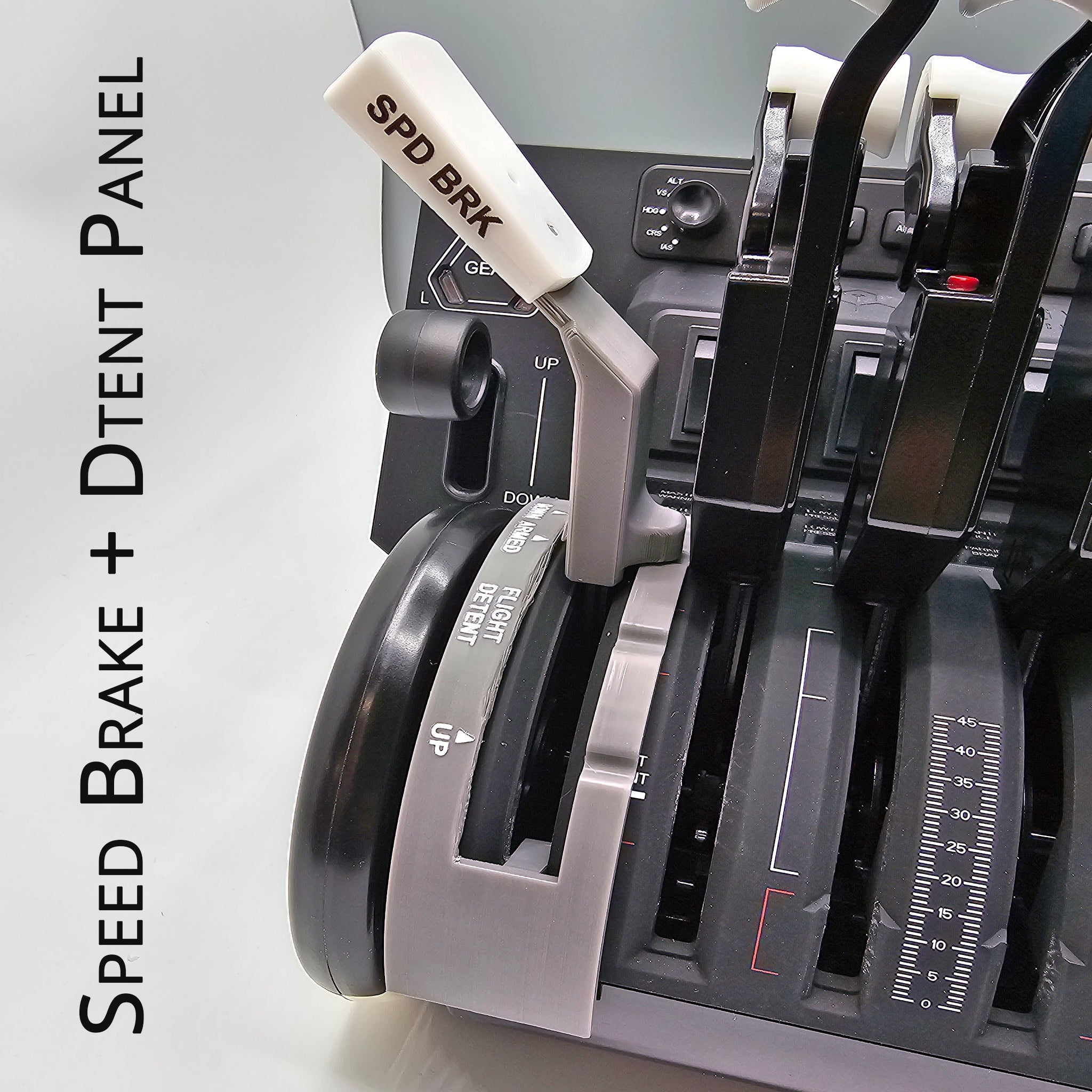 A close-up of the Prodesksim Boeing 747 Throttle Quadrant addons for the Honeycomb Bravo Throttle Quadrant features a speed brake lever labeled "SPD BRK." The panel includes positions for "UP" and "DN," with the visible letter "RNT" as well. On the left, it reads "Speed Brake + Detent Panel," highlighting its potential for flight simulation use.