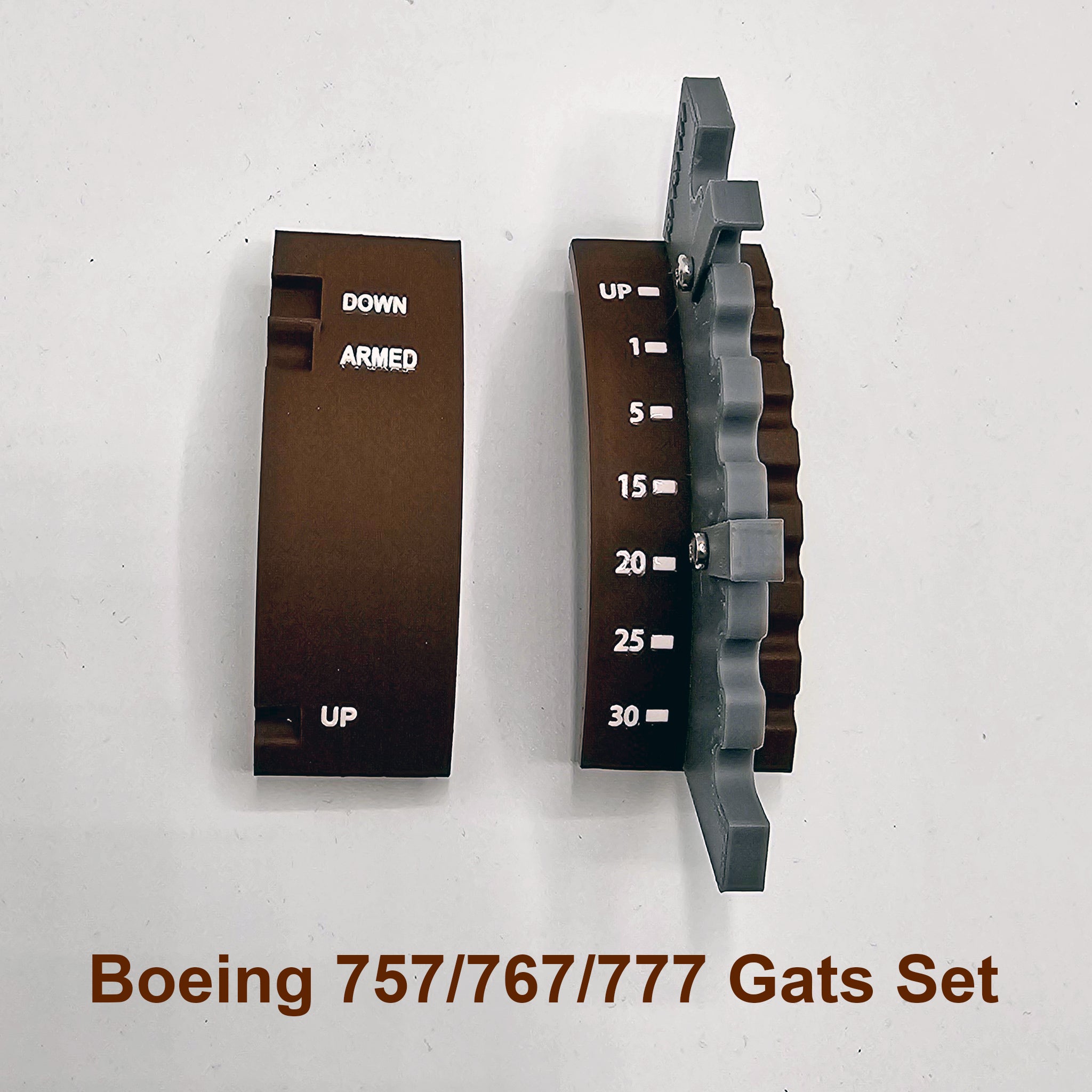 The Prodesksim Advanced dual action gates and speed brake detent track for the Boeing 757/767/777 series includes two brown rectangular panels labeled "DOWN," "ARMED," and "UP." These are integrated with a gear-like component numbered from 0 to 30 as part of the flaps systems.