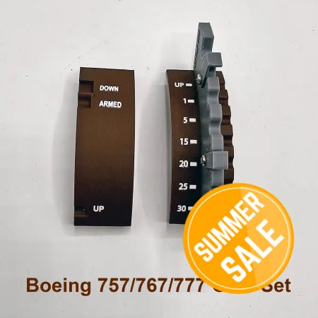 The Prodesksim Advanced dual action gates and speed brake detent track for the Boeing 757/767/777 series includes two brown rectangular panels labeled "DOWN," "ARMED," and "UP." These are integrated with a gear-like component numbered from 0 to 30 as part of the flaps systems.