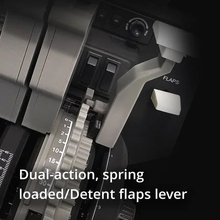 A close-up of the "Flaps" lever from the ProDeskSim 737 Ultra Full Package Addon by Prodesksim, showing dual-action, spring-loaded mechanics with detailed components and controls against a dark background, perfect for enhancing flight sim operations.