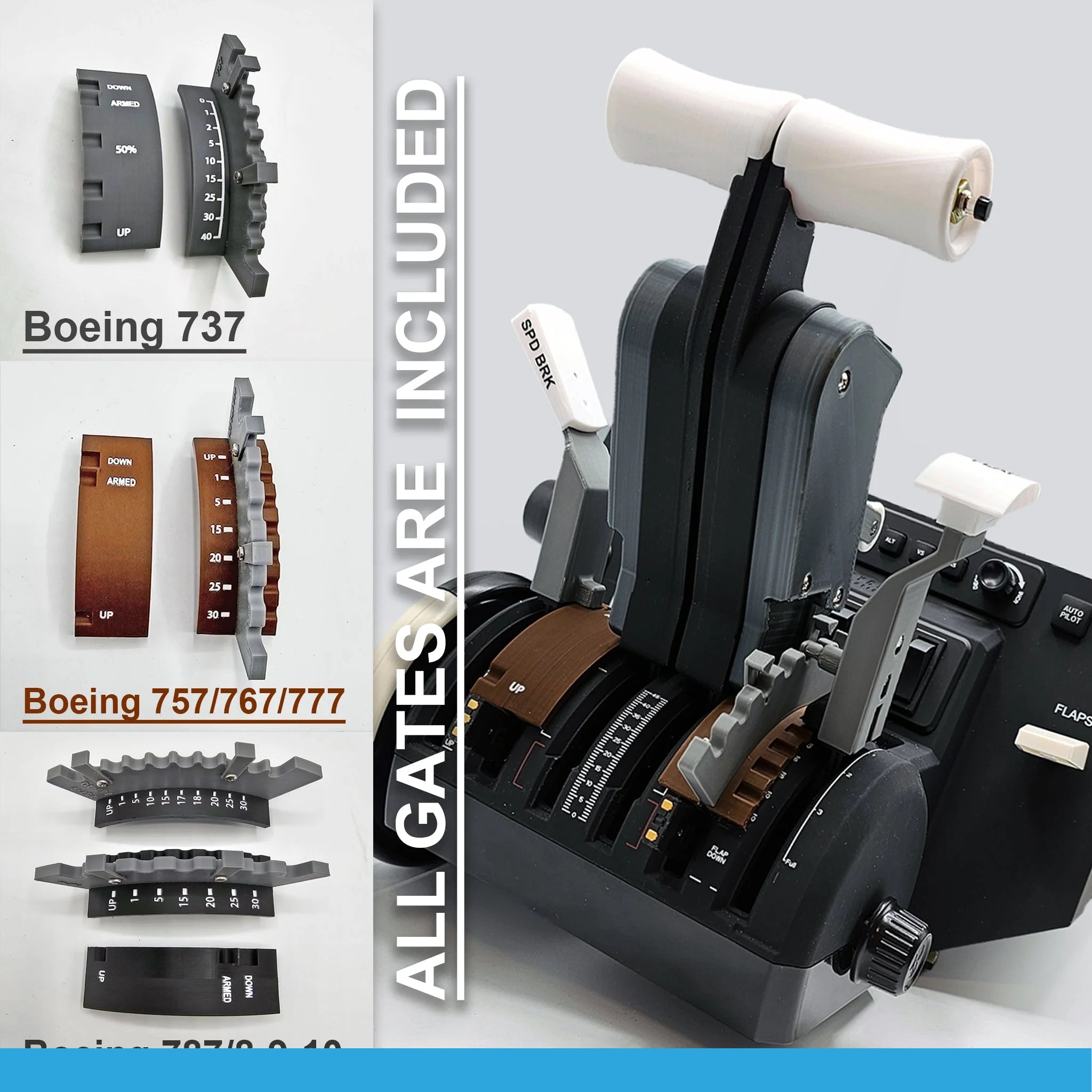 Image of a ProDeskSim Full Boeing Advanced Full Package for Honeycomb Bravo, featuring labeled levers for Boeing 737, 757/767/777, and 787-8/9/10 aircraft. The text "All Gates Are Included" is displayed vertically beside the throttles, making it perfect for any flight simulation setup.