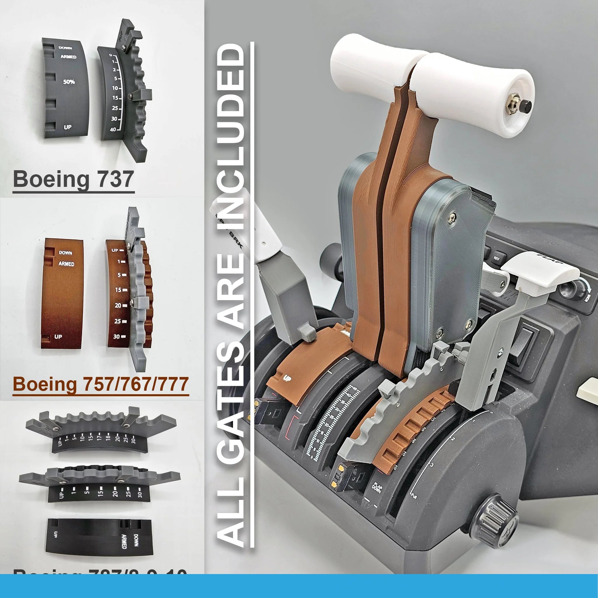 The image showcases an aircraft throttle quadrant equipped with various levers and switches, ideal for a flight simulation setup. The available models are Boeing 737, 757/767/777, and 787/8-9-10. The text on the image states "ALL GATES ARE INCLUDED" with the ProDeskSim Full Boeing Advanced Full Package for Honeycomb Bravo as an add-on.