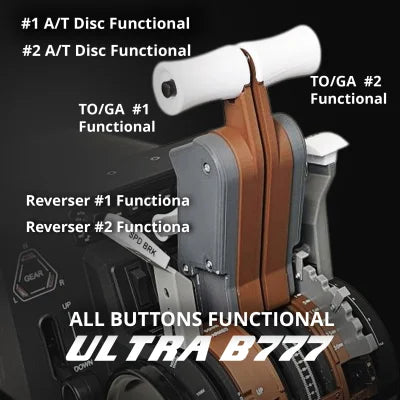 Close-up of the Prodesksim B777 Ultra Addon/Throttle Pack for Honeycomb Bravo, showing all functional buttons: #1 and #2 A/T Disc, TO/GA #1 and #2, and Reverser #1 and #2—fully compatible with Honeycomb Bravo.