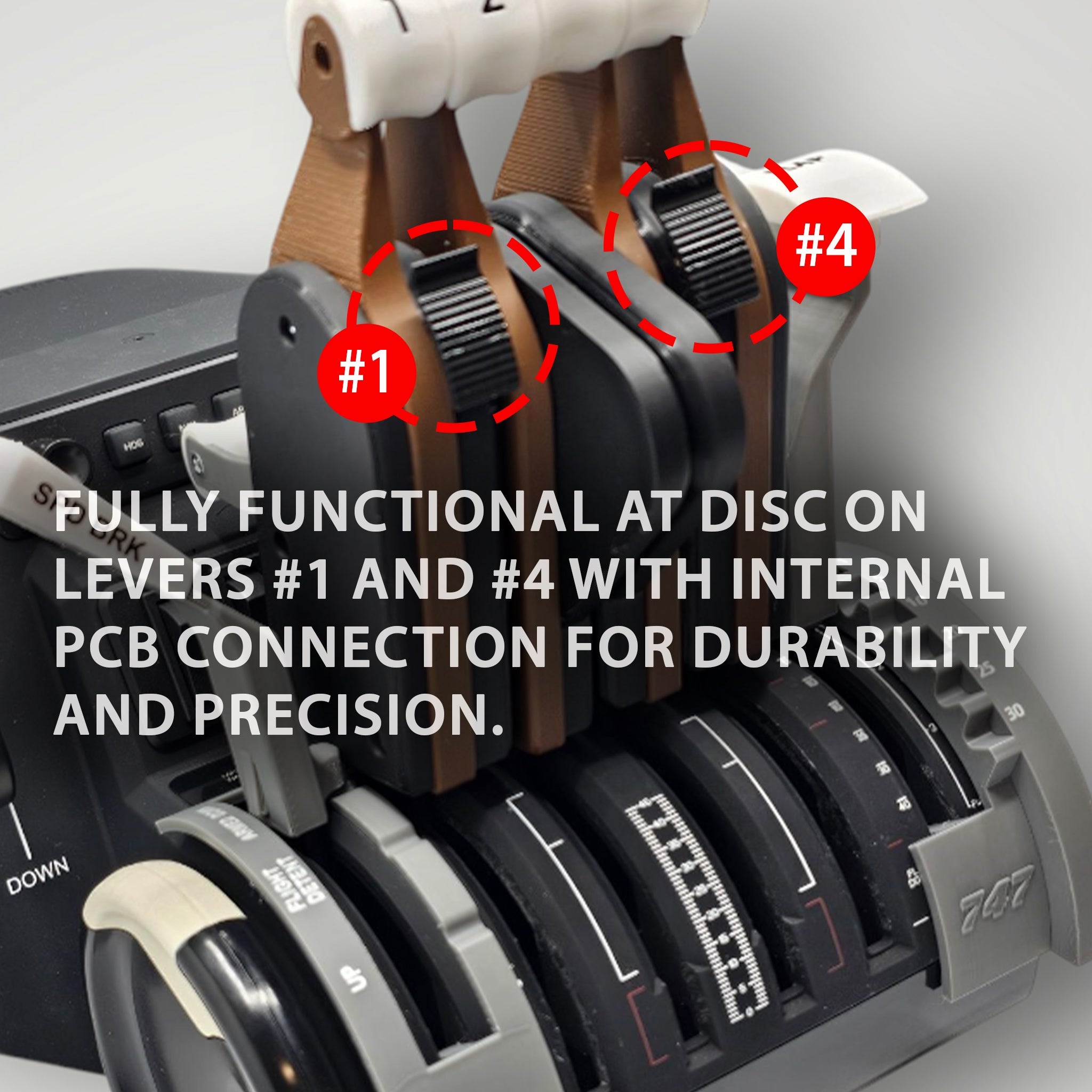 Close-up of control levers labeled "SPD" on the Prodesksim Queen of the Skies Boeing 747 Advanced throttle pack for Honeycomb Bravo. Features four reversers, four functional buttons, and precise PCB connectivity for realistic flight simulation.