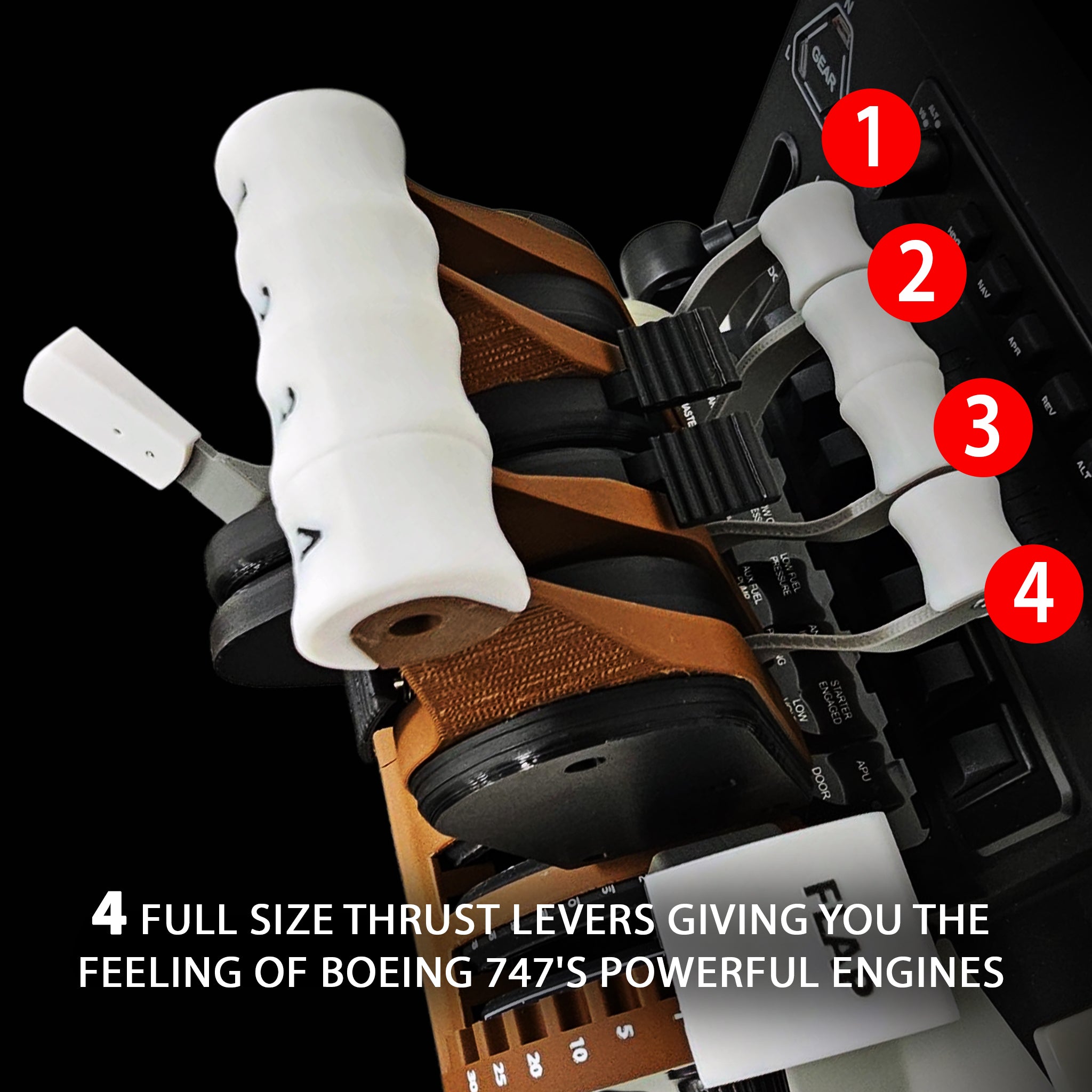 Close-up of the NEW! ProDeskSim Queen of the Skies Boeing 747 Advanced - 4 engine - throttle addon pack for Honeycomb Bravo by Prodesksim, featuring four labeled white thrust levers with four reversers and functional buttons. The image highlights their full-size, realistic design inspired by the Boeing 747’s engines and authentic control feel.