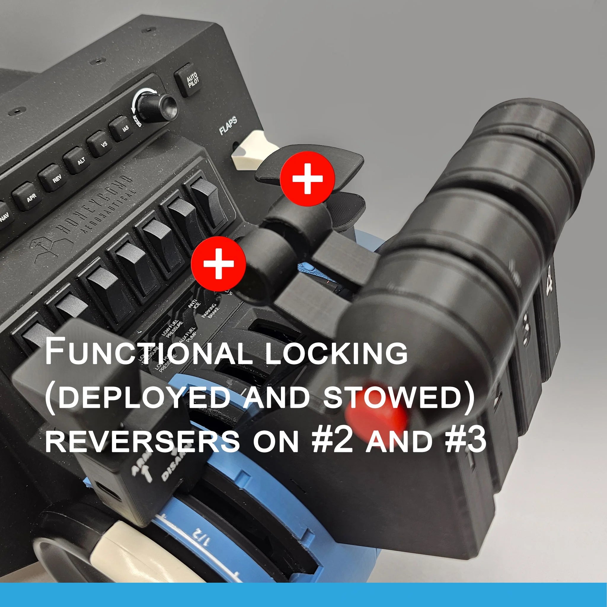 Close-up of the ProDeskSim Airbus A380 4-engine throttle addon pack for Honeycomb Bravo, featuring black levers with operational locking mechanisms on reversers #2 and #3. Text overlay states "Functional locking (deployed and stowed) reversers on #2 and #3," enhancing your flight simulation experience.