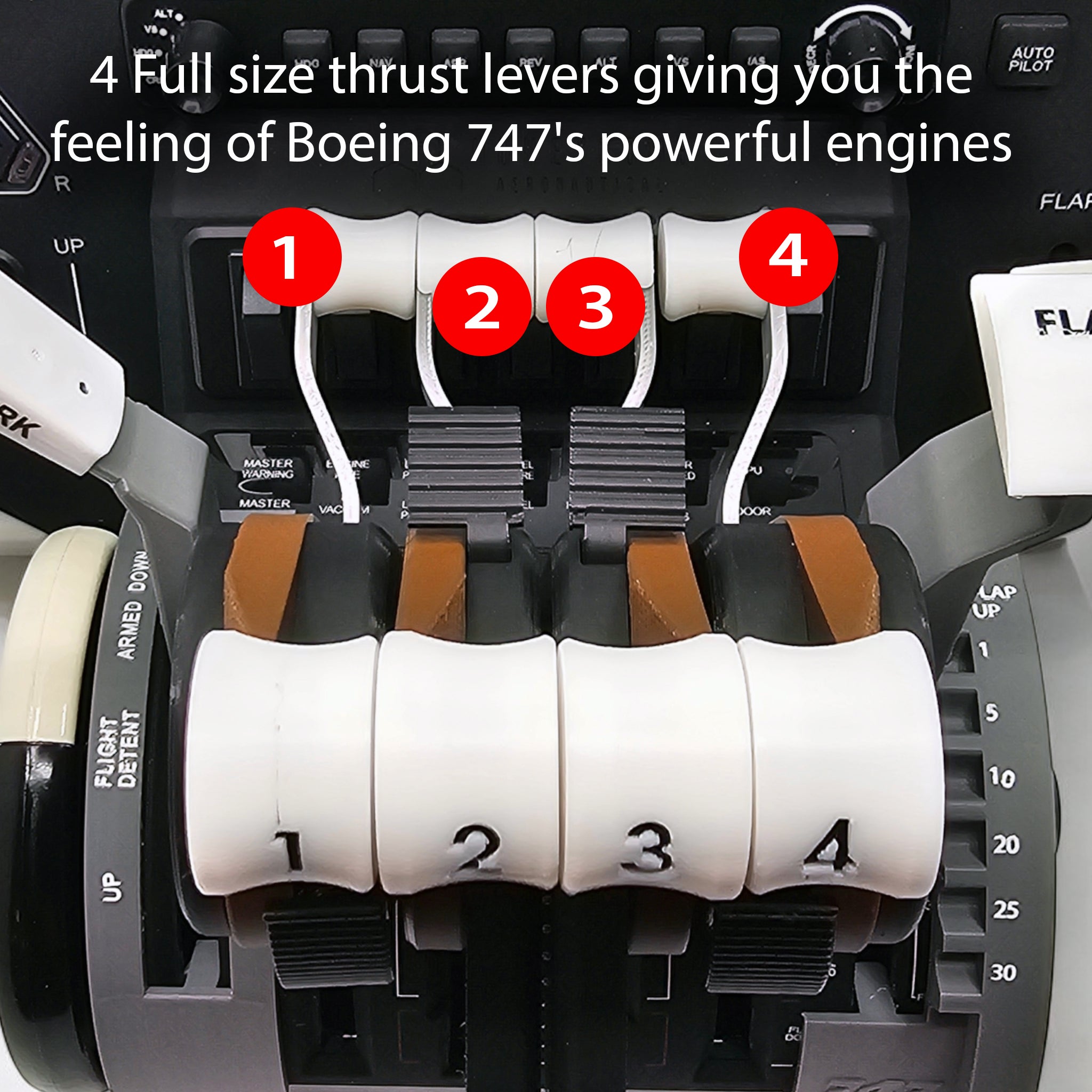 Close-up of the ProDeskSim Queen of the Skies Boeing 747 Advanced throttle addon pack for Honeycomb Bravo, featuring four full-size thrust levers and reversers, designed to deliver an immersive flight simulation experience.