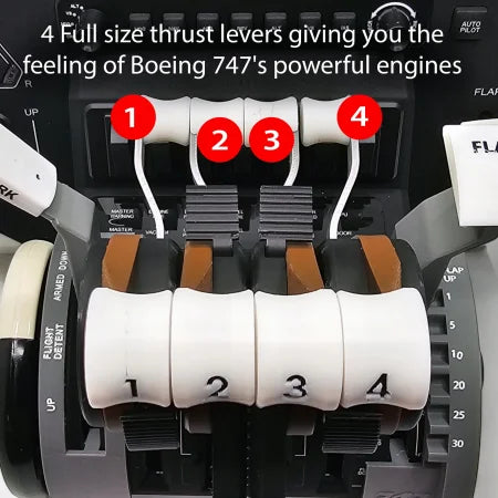 Close-up of the ProDeskSim Queen of the Skies Boeing 747 Advanced throttle addon pack for Honeycomb Bravo, featuring four full-size thrust levers and reversers, designed to deliver an immersive flight simulation experience.