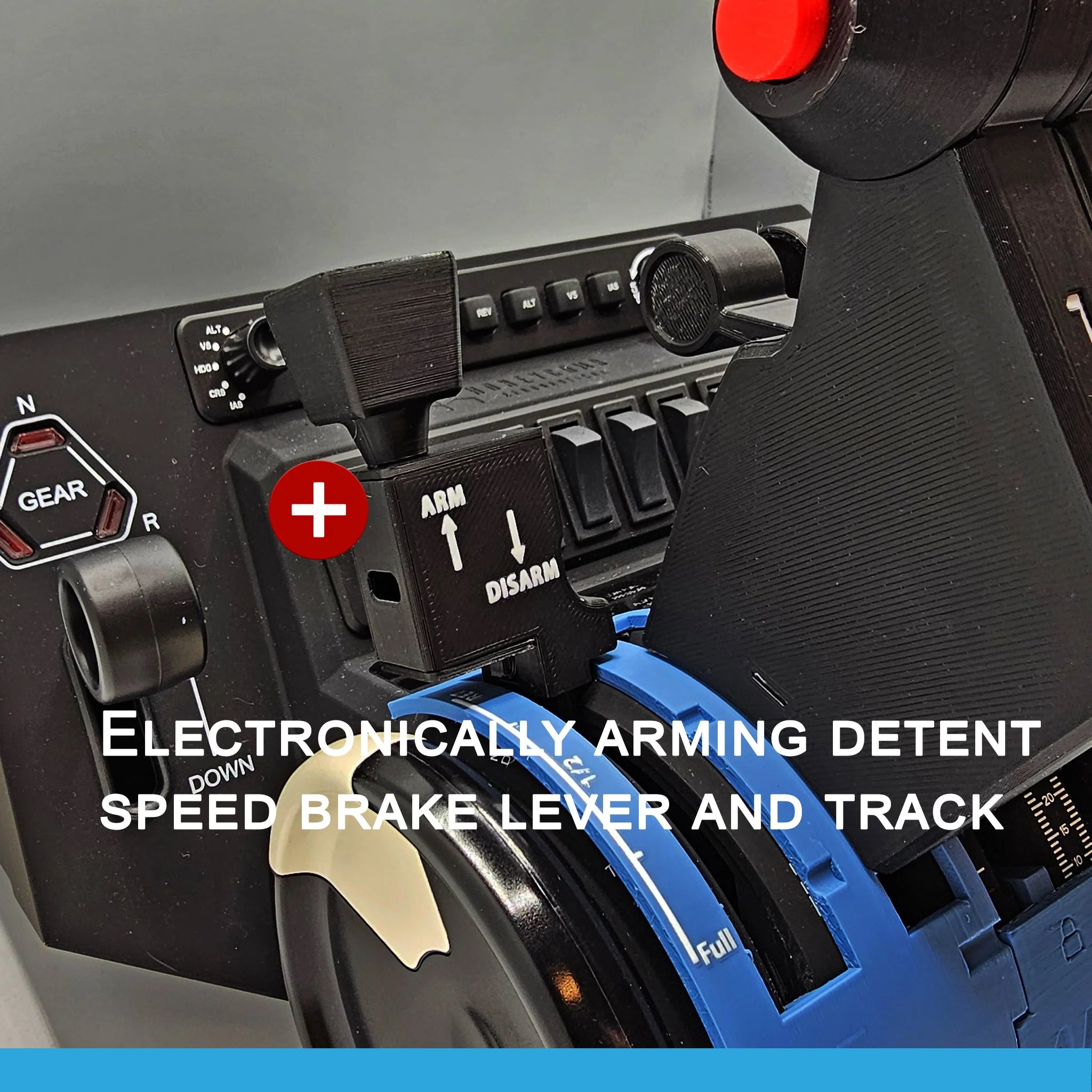 A close-up of an aircraft throttle control panel, seamlessly integrated with the ProDeskSim Airbus A380 - 4 engine throttle addon pack for Honeycomb Bravo, showcases various levers and switches. Text overlays indicate functions such as "Electronically arming detent speed brake lever and track.