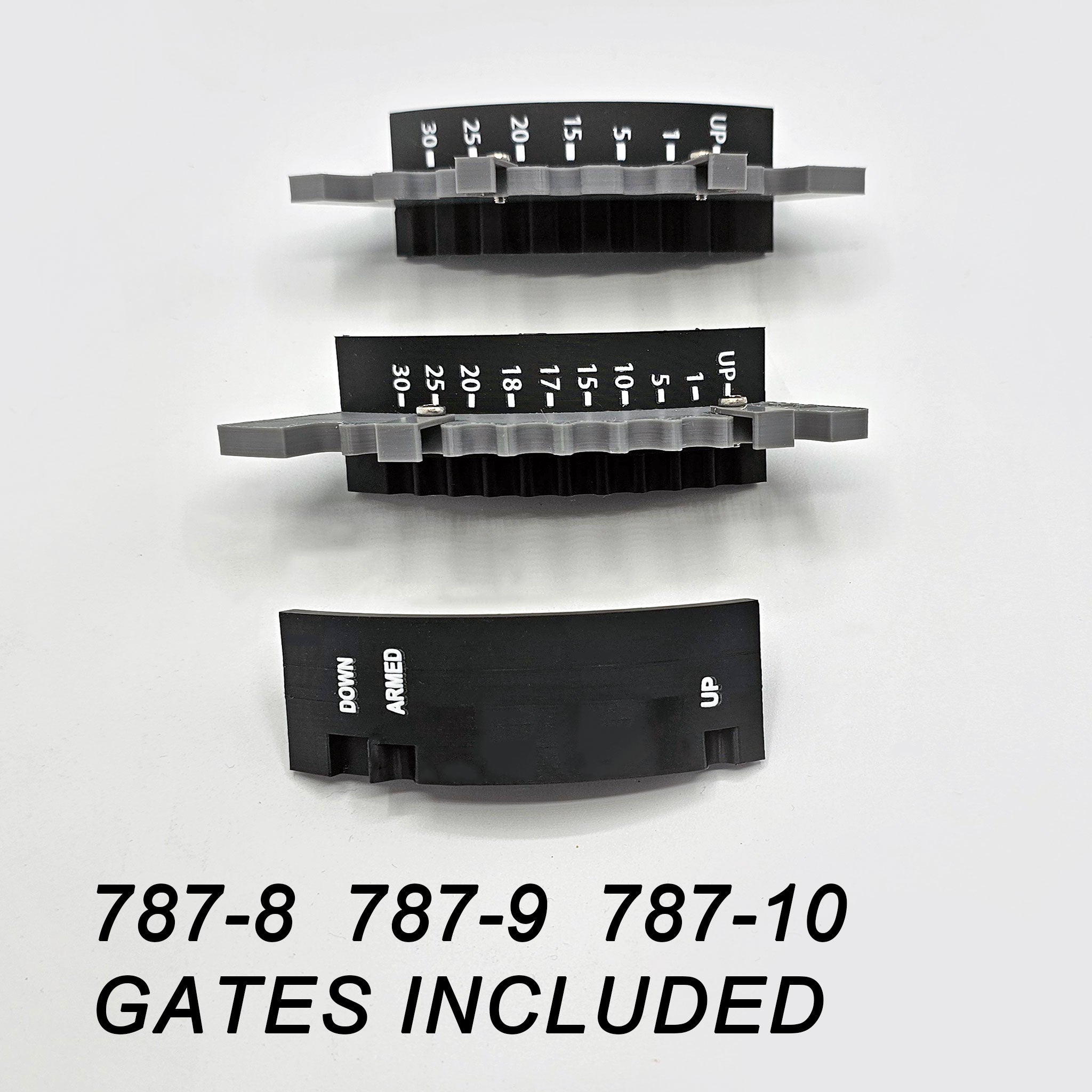 Displayed are three black rectangular plastic components, each with different angles, labeled as "787-8," "787-9," and "787-10." These are part of the Prodesksim Boeing 787-8/9/10 Advanced Action Detent/Spring mechanism for HoneyComb Bravo throttle/VR flight simulation. The text "GATES INCLUDED" appears below the components.