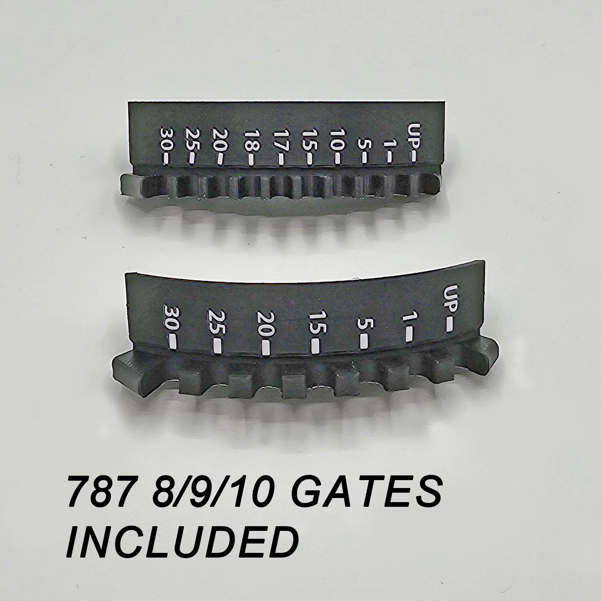 Two black, curved measurement tools featuring numbers from 30 to 5 and marked "UP" on top closely resemble the flaps of a Boeing 787. Below these tools, the text reads "787-8/9/10 GATES INCLUDED," making them an ideal addition for enhancing Honeycomb Bravo flight simulation setups with Prodesksim's Boeing 787-8/9/10 Base Realistic and Professional package, which includes spring-loaded flaps and gates along with larger throttle handle knobs and a realistic speed brake.