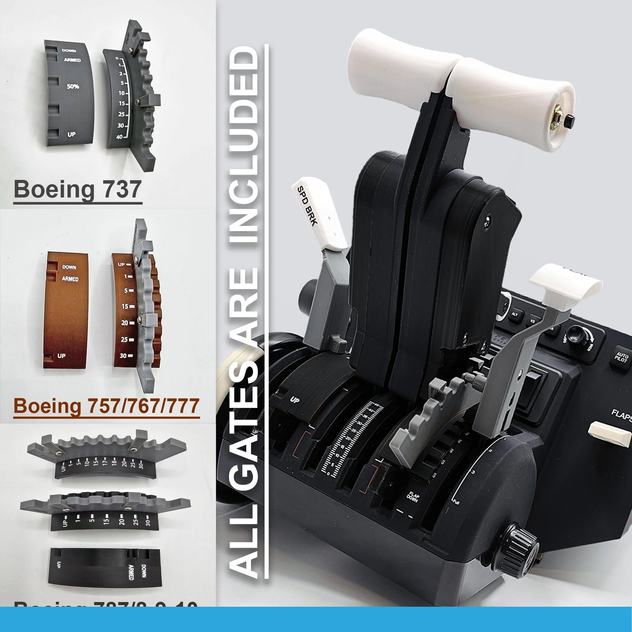 The image showcases a detailed close-up of throttle levers in a flight simulation setup, highlighting various gate configurations. It features distinct models for Boeing 737, 757/767/777, and 787/8-9-10 on the left with labels indicating "ALL GATES ARE INCLUDED." This setup is perfect for enhancing your experience with the Prodesksim NEW! ProDeskSim Full Boeing Advanced Full Package for Honeycomb Bravo and Flight Simulator add-on.