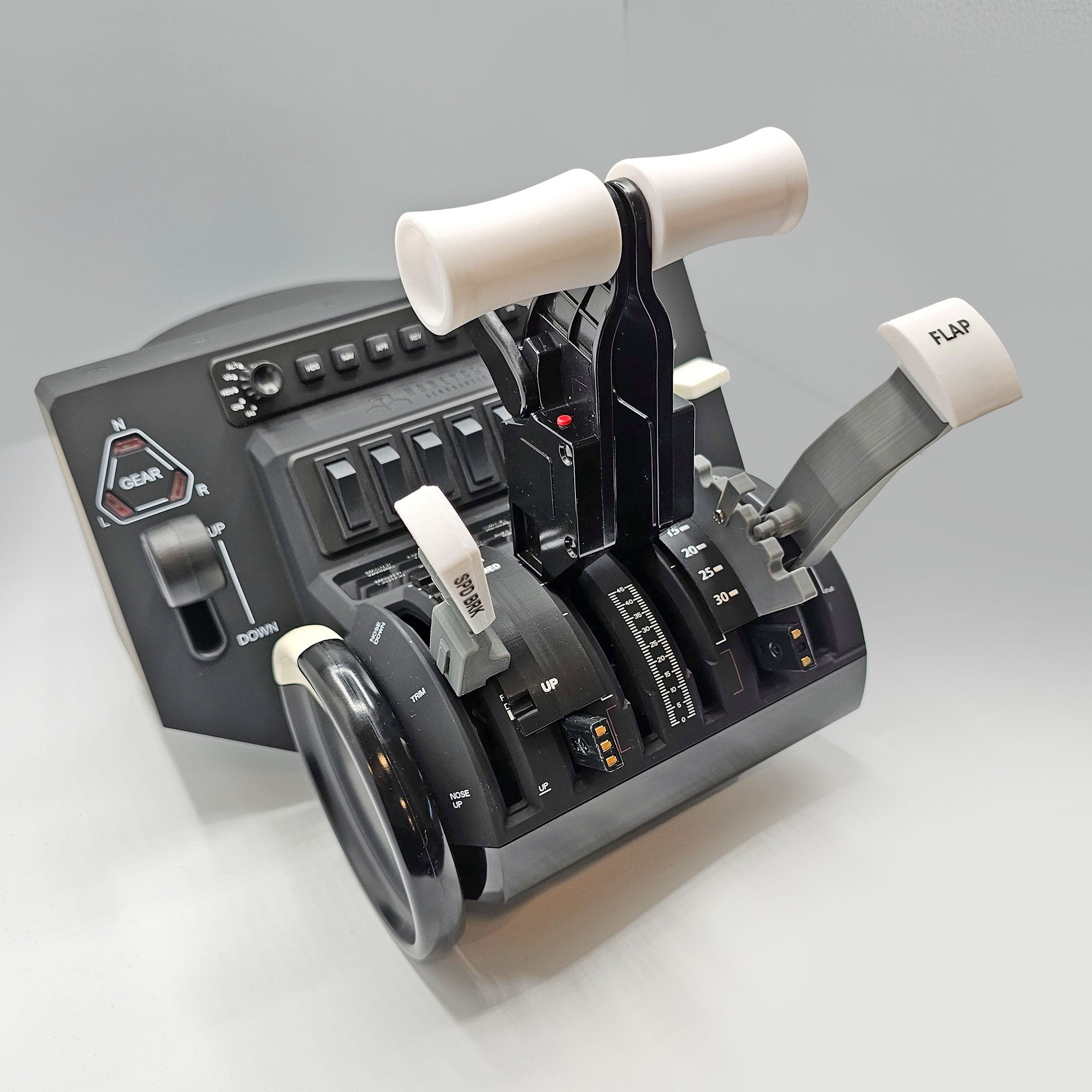 The image zooms in on a Prodesksim Boeing 787-8/9/10 Dual Action Detent/Spring mechanism with multiple levers and switches, perfect for the Honeycomb Bravo throttle setup. The "FLAP" lever moves smoothly across the gray surface, enhanced by an industry-standard roller detent.