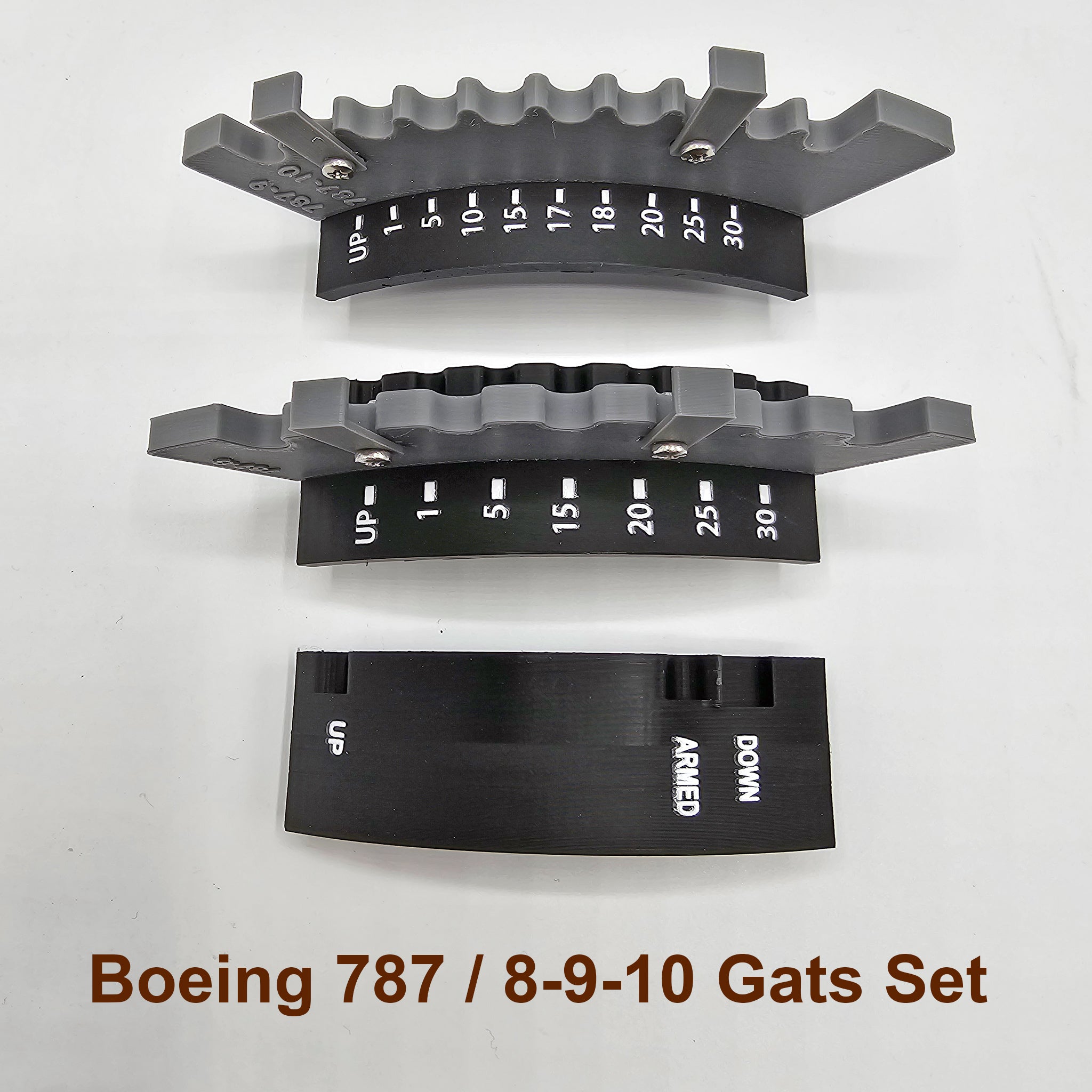 Three gray and black curved components labeled with degree markers and terms such as "UP" and "DOWN ARMED" are stacked vertically, resembling a speed brake detent. At the bottom, the text reads "ProDeskSim Advanced dual action gates and speed brake detent track only - Boeing 787 8/9/10." It's an ideal addition for your ProDeskSim Flaps configuration.