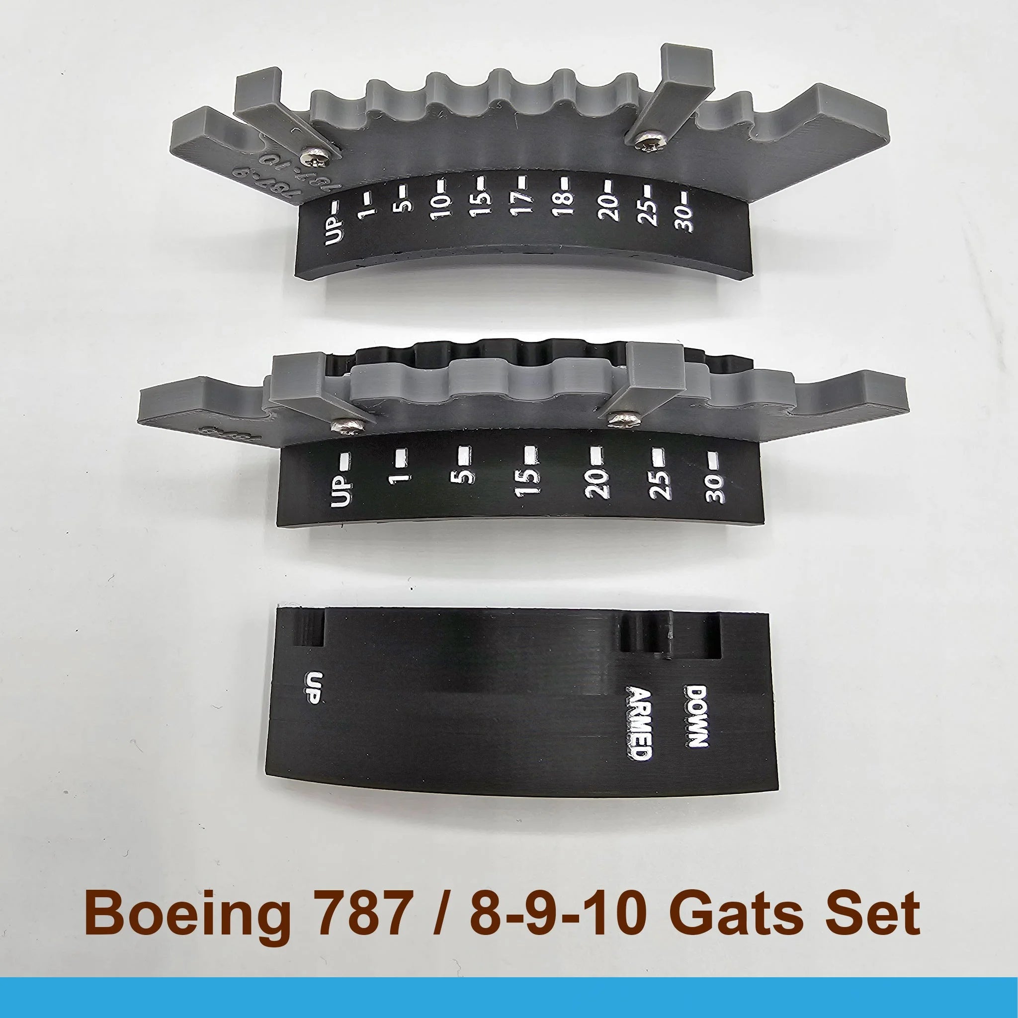 Three gray and black curved components labeled with degree markers and terms such as "UP" and "DOWN ARMED" are stacked vertically, resembling a speed brake detent. At the bottom, the text reads "ProDeskSim Advanced dual action gates and speed brake detent track only - Boeing 787 8/9/10." It's an ideal addition for your ProDeskSim Flaps configuration.