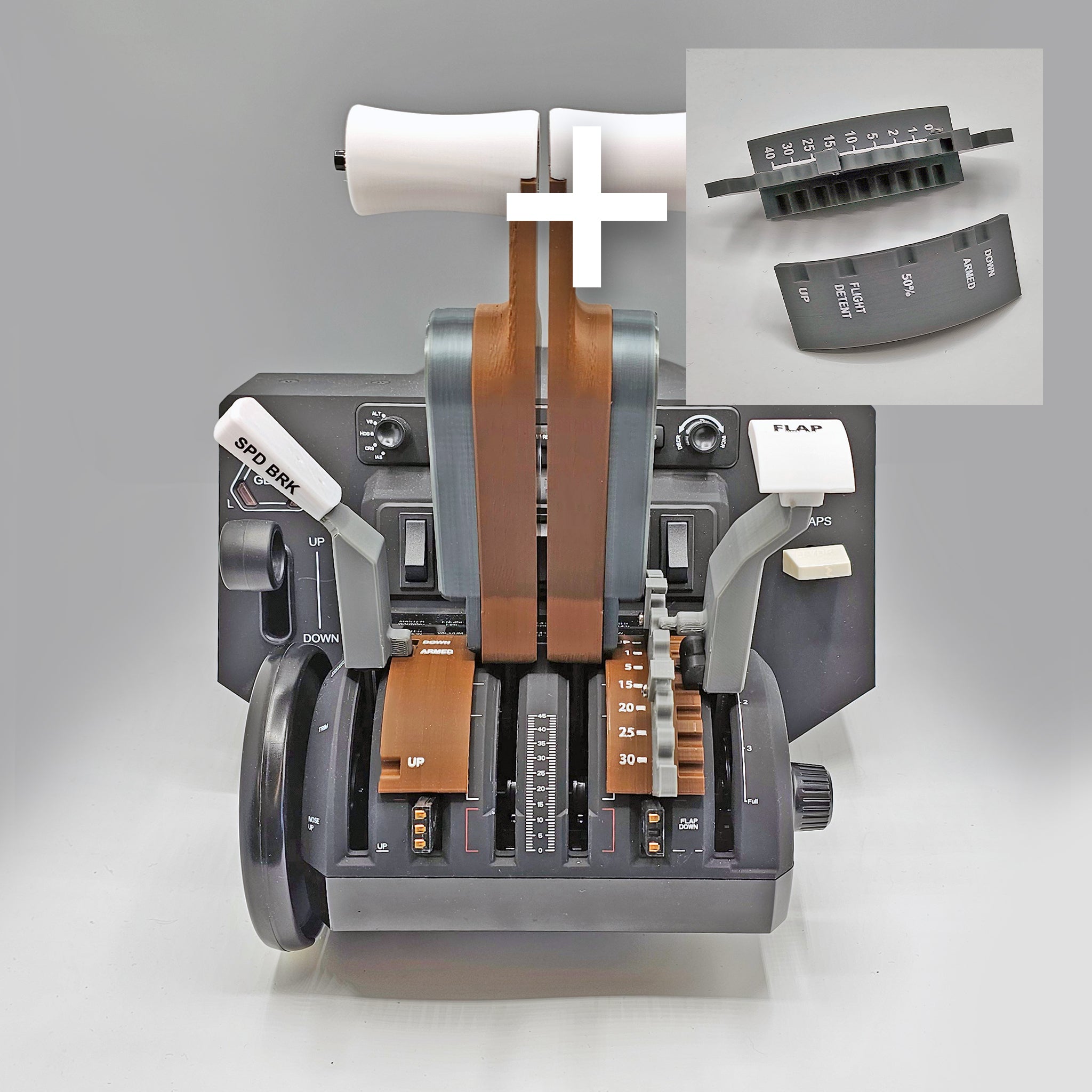 A close-up view of the ProDeskSim Boeing 777 Advanced Full Package Addon for the Honeycomb Bravo shows an airplane throttle quadrant, perfect for an authentic flight simulation experience. The inset highlights a section with adjustment markings, while the main unit features labels for speed brake and flap control, similar to the setup used in Boeing 777 addons.