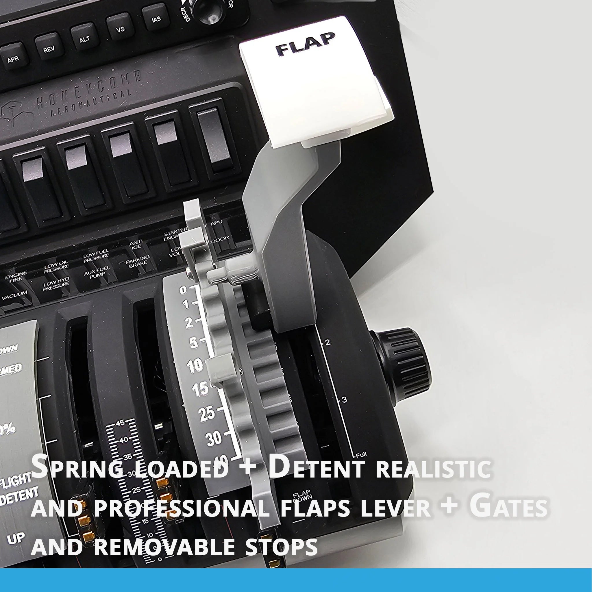 Introducing the Prodesksim Boeing 737 Spring-Loaded Flaps Lever—a realistic and professional control panel accessory featuring gates and removable stops. This close-up view highlights the spring-loaded lever, akin to those used in a Boeing 737, along with visible control knobs and buttons. The text overlay details the lever's features, designed to enhance your immersive flight simulation experience.