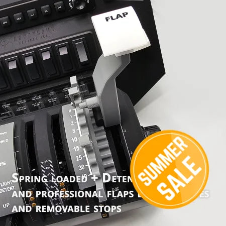 Introducing the Prodesksim Boeing 737 Spring-Loaded Flaps Lever—a realistic and professional control panel accessory featuring gates and removable stops. This close-up view highlights the spring-loaded lever, akin to those used in a Boeing 737, along with visible control knobs and buttons. The text overlay details the lever's features, designed to enhance your immersive flight simulation experience.