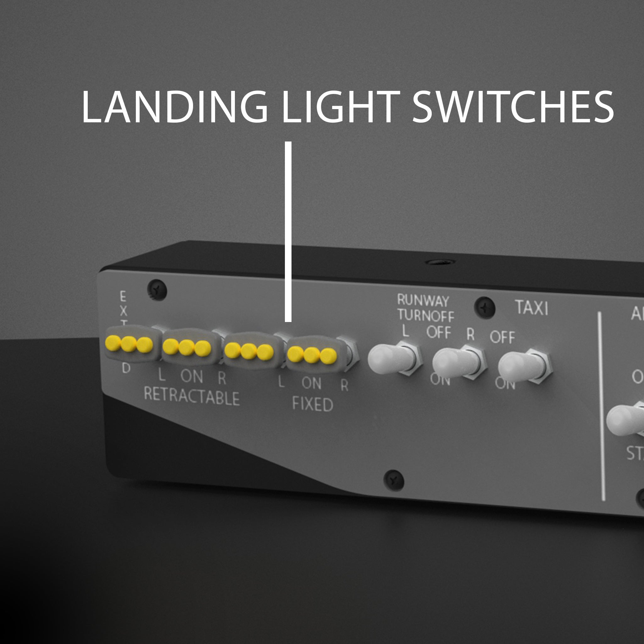 A close-up of the Prodesksim Stand Alone B737 Engine Start/APU/Lights module shows labeled switches for landing lights, including retractable and fixed options with yellow tips—mirroring a Boeing 737 overhead panel.