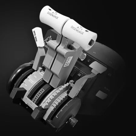 Close-up of the New ProDeskSim 737 Ultra Full Package Addon throttle quadrant in grayscale, with detailed levers labeled "Disengage," including speed brake controls. Set against a dark background, it's perfect for ProDesksim enthusiasts seeking immersive flight sim operations.