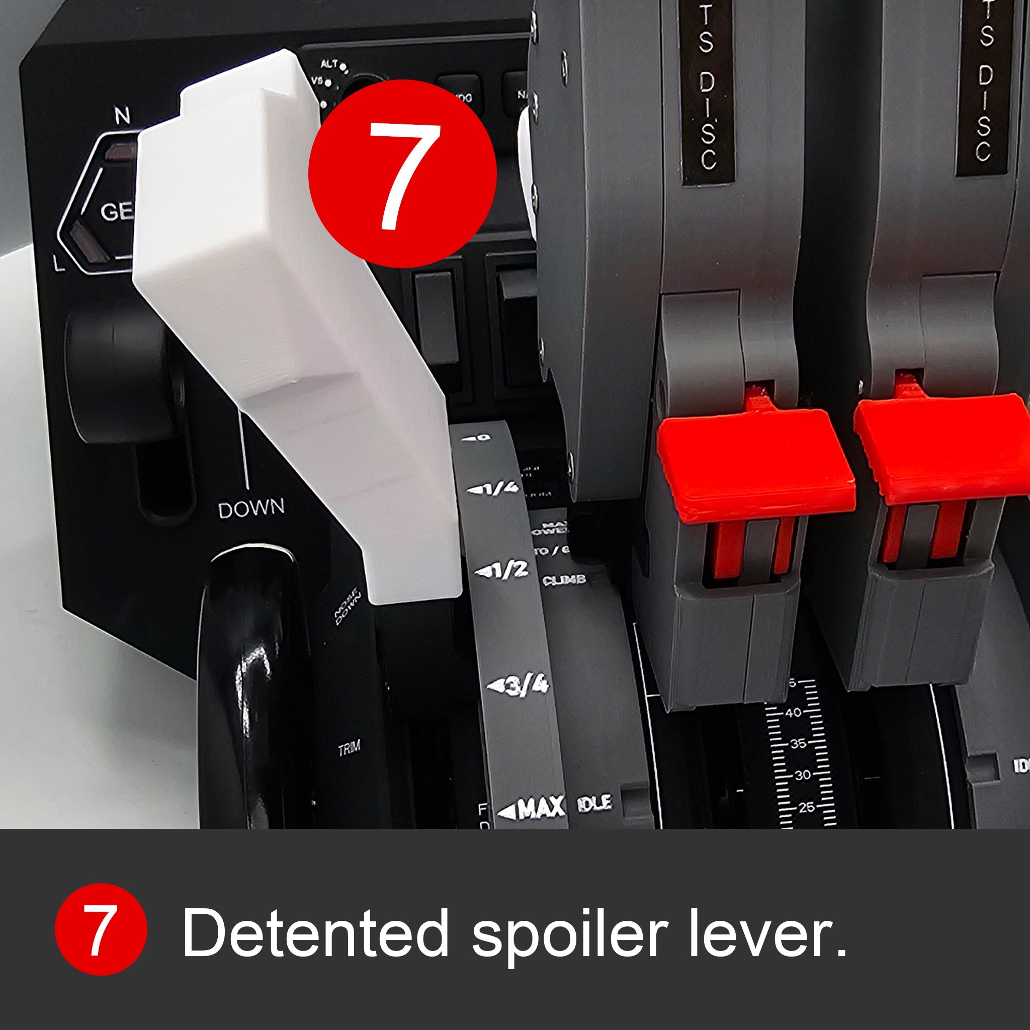 A close-up view of the control levers, similar to the Honeycomb Bravo design, includes a red circle with the number 7 marking a white lever identified as the detented spoiler lever. Nearby, two dark gray levers are accented with red details. The text at the bottom states "7 Detented spoiler lever." Featured in the NEW Bombardier CRJ 500-1000 addon/mod package for Honeycomb Bravo throttle quadrant and Flight Simulator by Prodesksim.