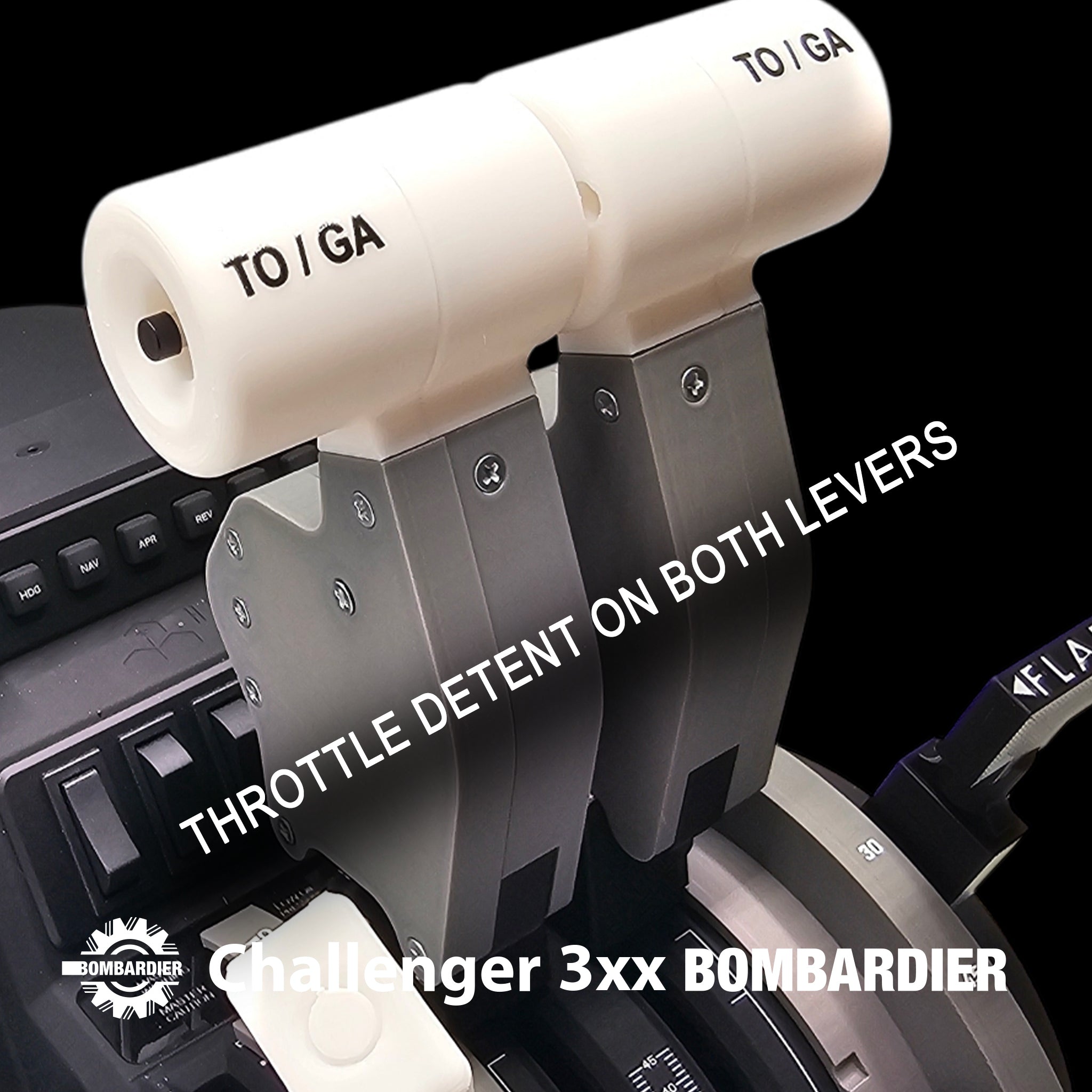 Close-up of dual throttle levers with "TO/GA" labels from Prodesksim's NEW Bombardier Challenger 3xx family addon for the Honeycomb Bravo. Text: "THROTTLE DETENT ON BOTH LEVERS." At the bottom, it reads “Challenger 3xx BOMBARDIER” with the Bombardier logo on a detailed flight sim control panel backdrop.