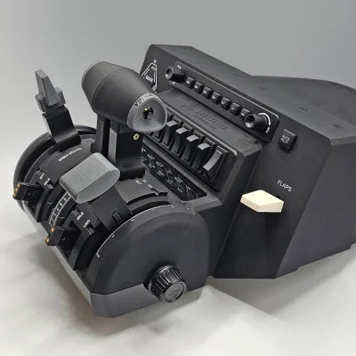 Close-up of a black flight simulator control panel showcasing the Prodesksim NEW! HA-420 HondaJet Throttle Lever Set for Honeycomb Bravo, equipped with functional GA buttons, throttle levers, flaps controls, and speed brake detents, against a plain background.