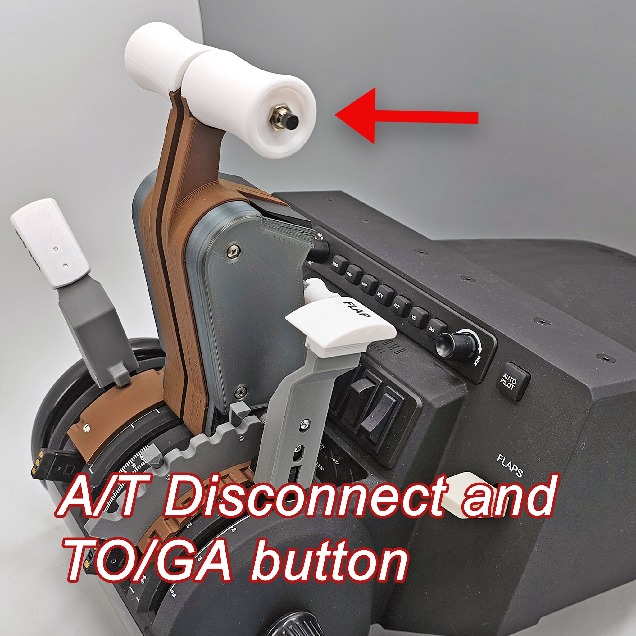 Close-up of the Prodesksim NEW! ProDeskSim Boeing 777 Advanced Full Package Addon for Honeycomb Bravo and Flight Simulator, highlighting the A/T Disconnect and TO/GA button. This advanced addon features a variety of levers and switches with sleek white and black components. A text overlay reads "A/T Disconnect and TO/GA button," designed to enhance your flight simulation experience.