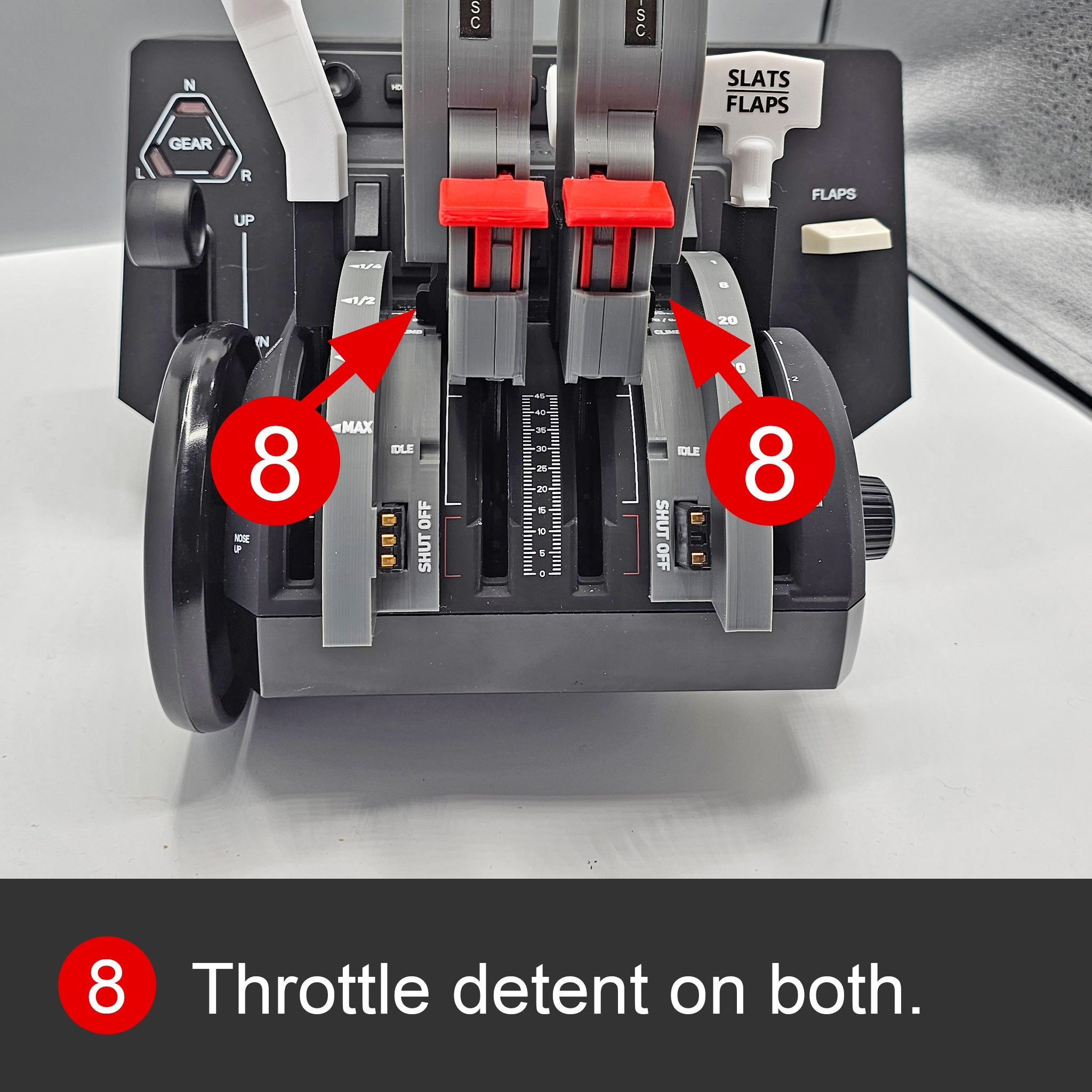 Close-up of an airplane throttle quadrant, possibly featuring the Prodesksim NEW Bombardier CRJ 500-1000 addon/mod package for the Honeycomb Bravo setup, with two red arrows pointing to the throttle levers. Each lever is marked with the number 8, and a label below reads "Throttle detent on both," with the number 8 highlighted in a red circle. This setup is perfect for flight simulation enthusiasts or fans of the Bombardier CRJ Series.