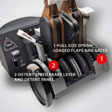 Close-up of the Prodesksim NEW! ProDeskSim Queen of the Skies Boeing 747 Advanced 4-engine throttle addon pack for Honeycomb Bravo, featuring four reversers, labeled levers, and four functional buttons for flight simulation.